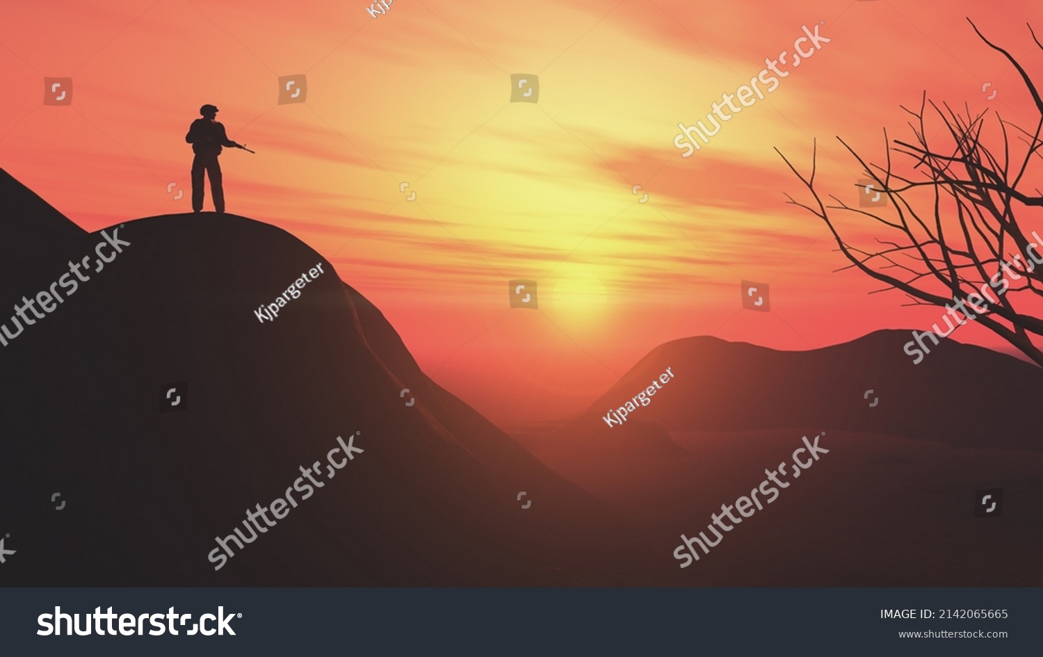 3d-render-landscape-silhouette-soldier-standing-stock-illustration