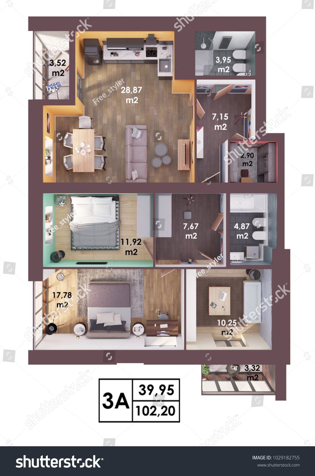 3 D Render Plan Layout Modern Three Stockillustration