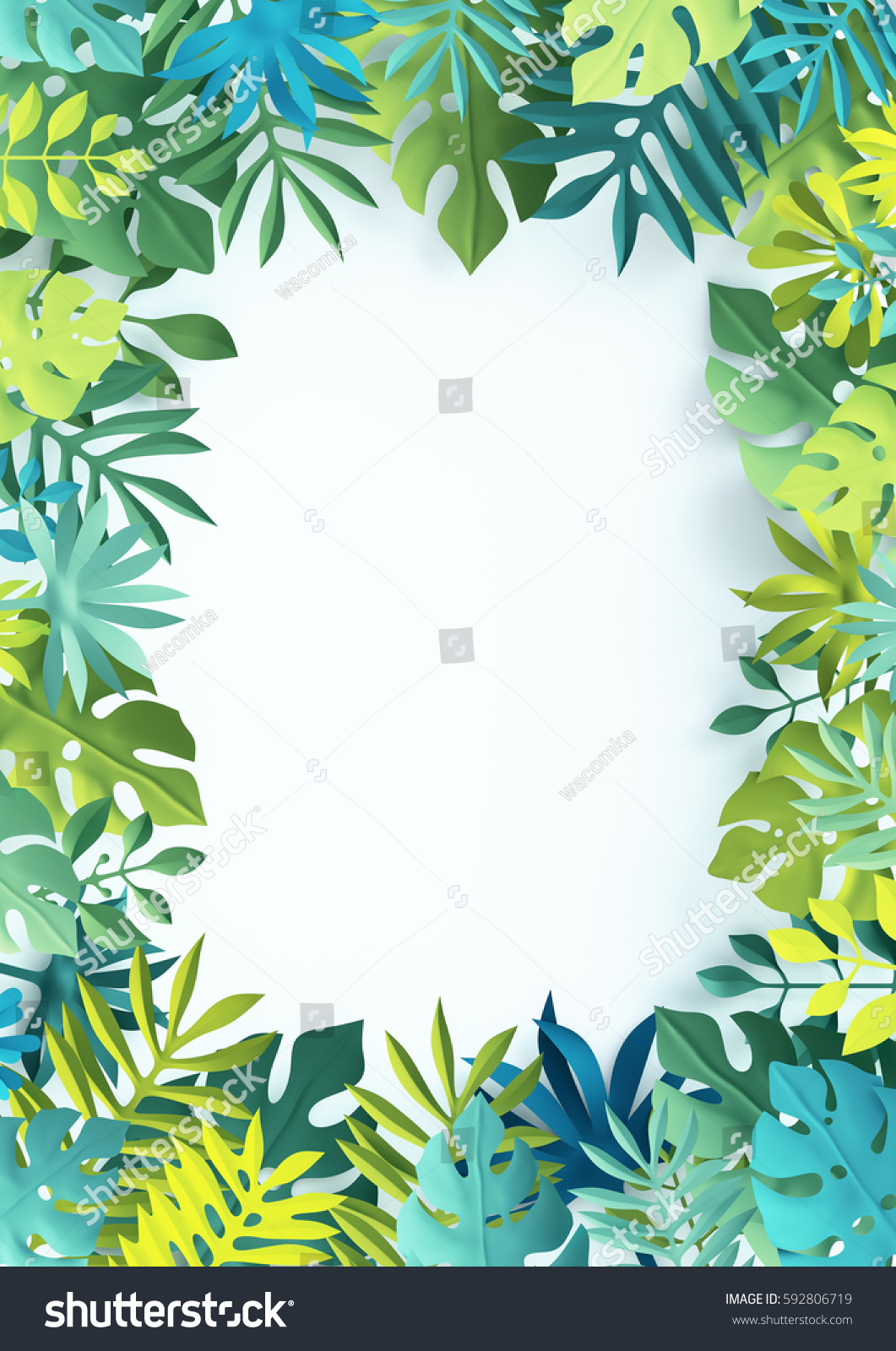 3dレンダリング 熱帯のモンステラヤシの葉 紙工 ジャングルの壁紙 正方形のフレーム 白い背景 のイラスト素材