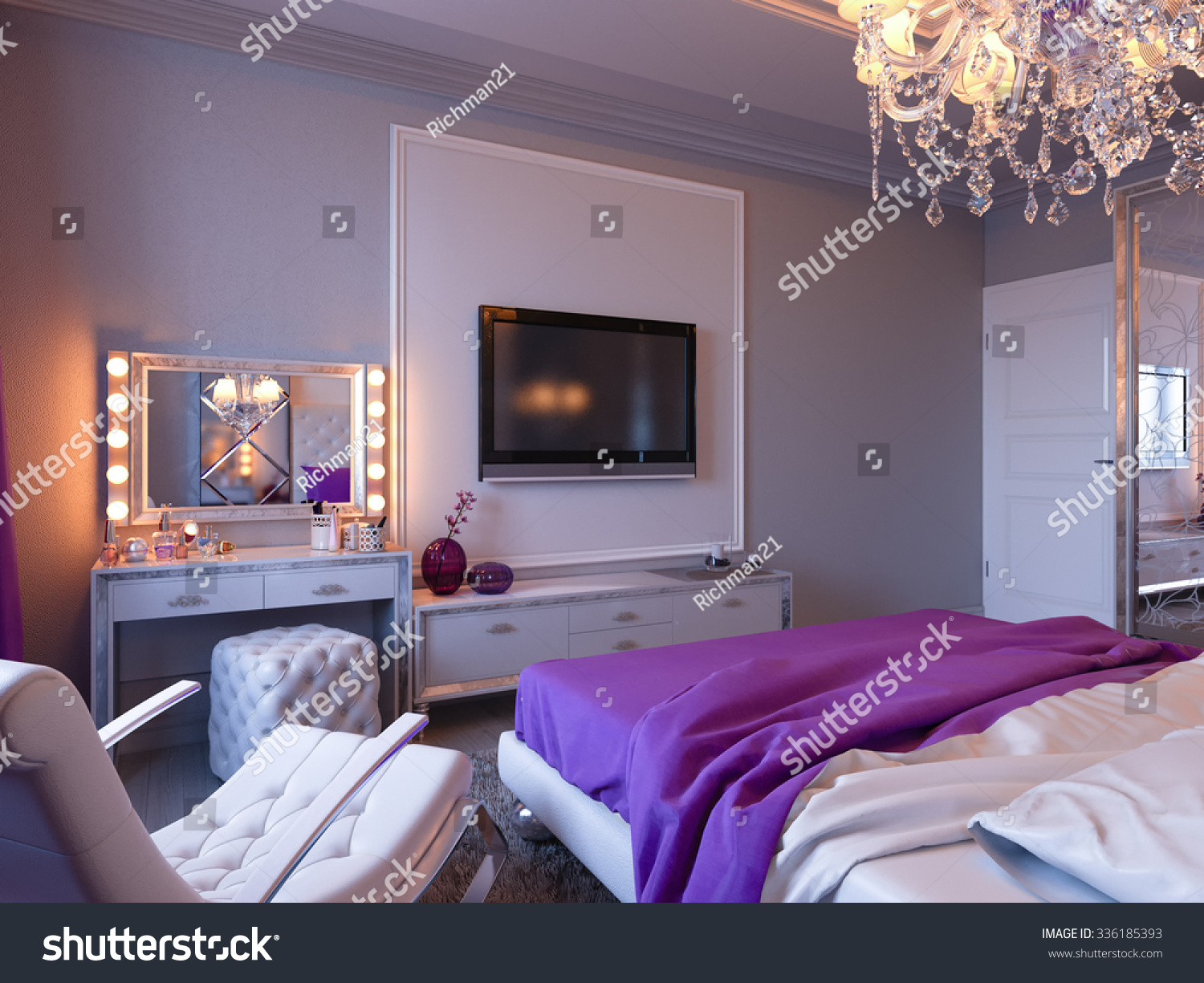 3d Rendering Bedroom Gray White Tones Stock Illustration