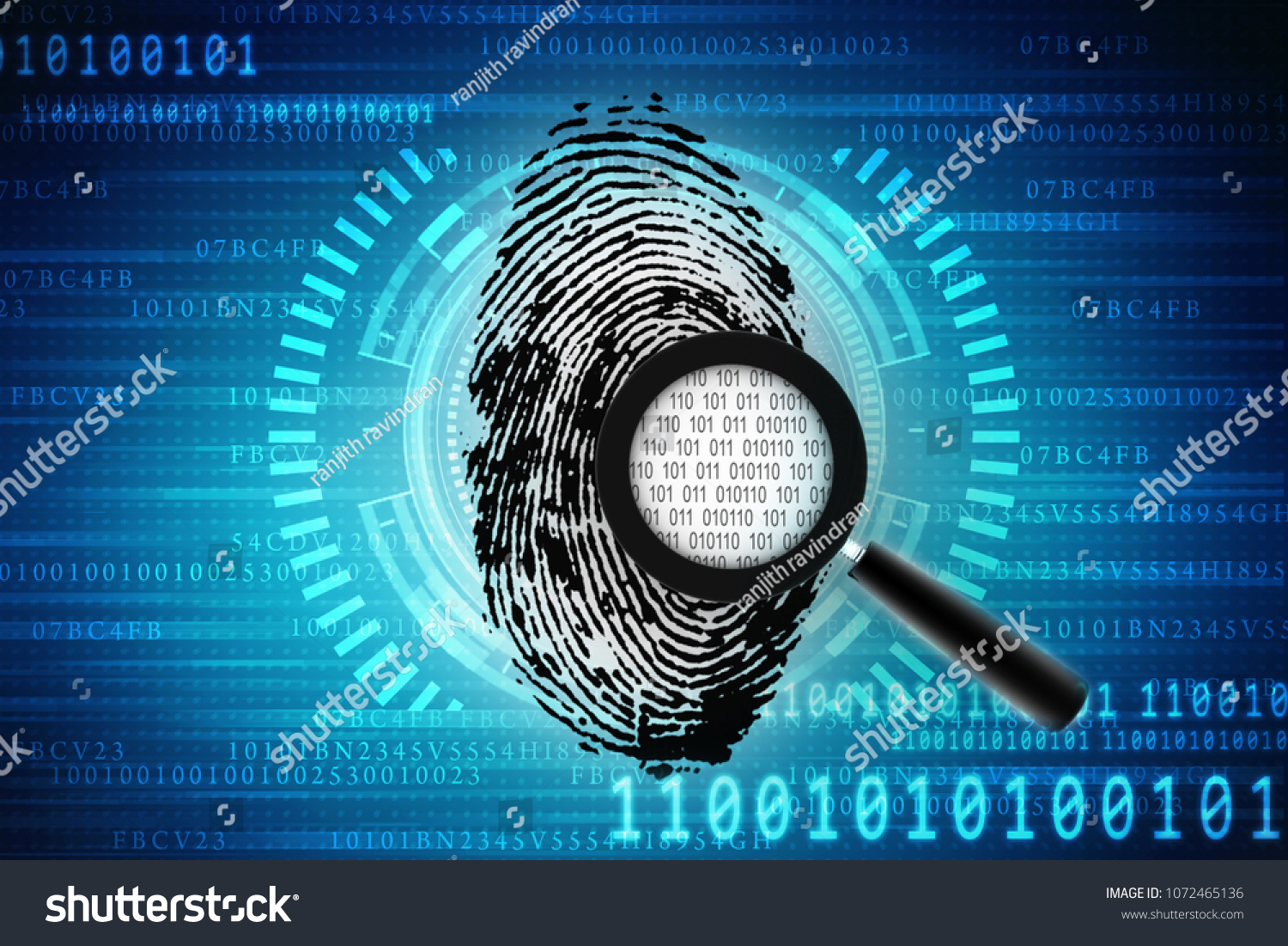 3d Rendering Fingerprint Magnify Glass Binary Stock Illustration