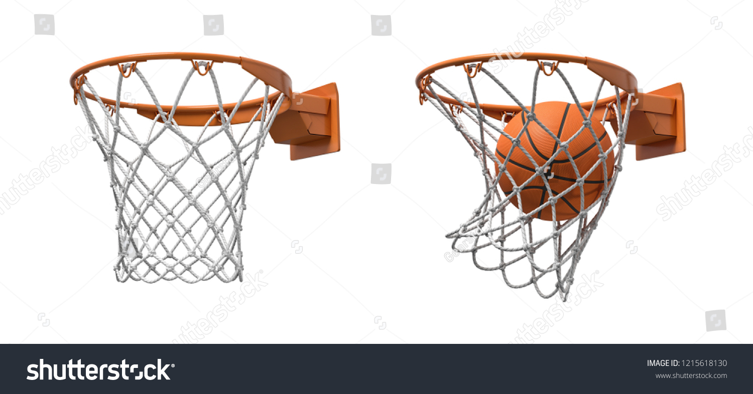 オレンジの輪を持つ2つのバスケットボールネットを3dレンダリング 1つは空で もう1つはボールが内側に落ちる バスケットボール のスコア 球技 フルフープ のイラスト素材