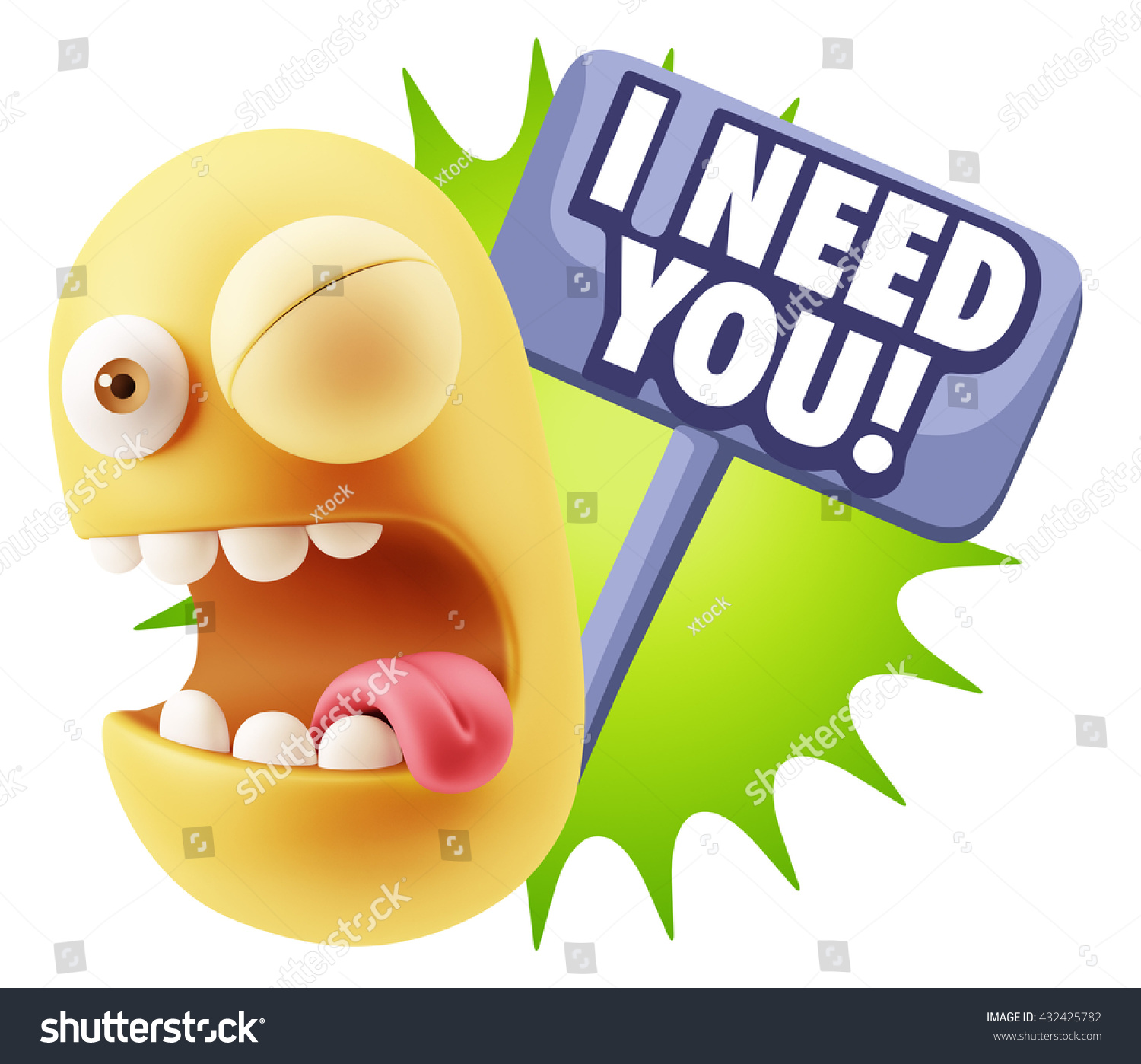 D Rendering Smile Character Emoticon Expression Saying I Need You With Colorful Speech Bubble