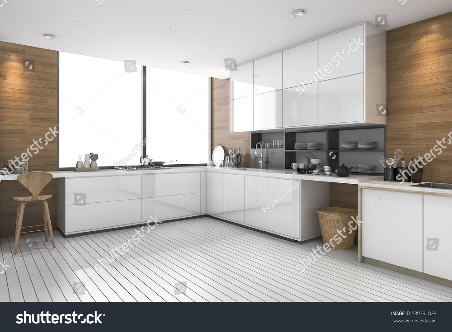 3d Rendering White Modern Ethnic Kitchen Stock Illustration