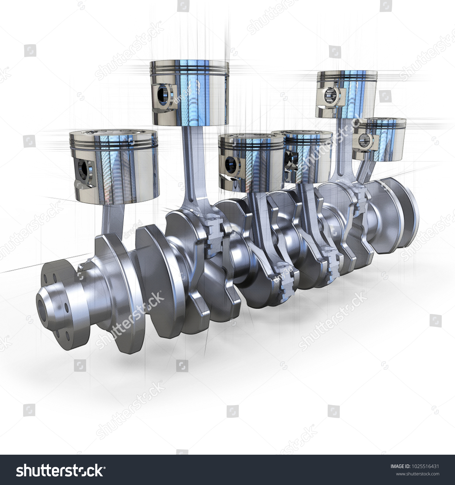 3d Technical Drawing Style Pistons Crankshaft Stock Illustration ...