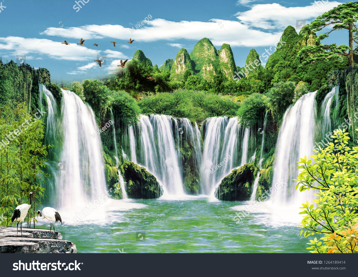 3d壁紙の背景デザインと自然の風景と滝を使用した写真用 のイラスト素材