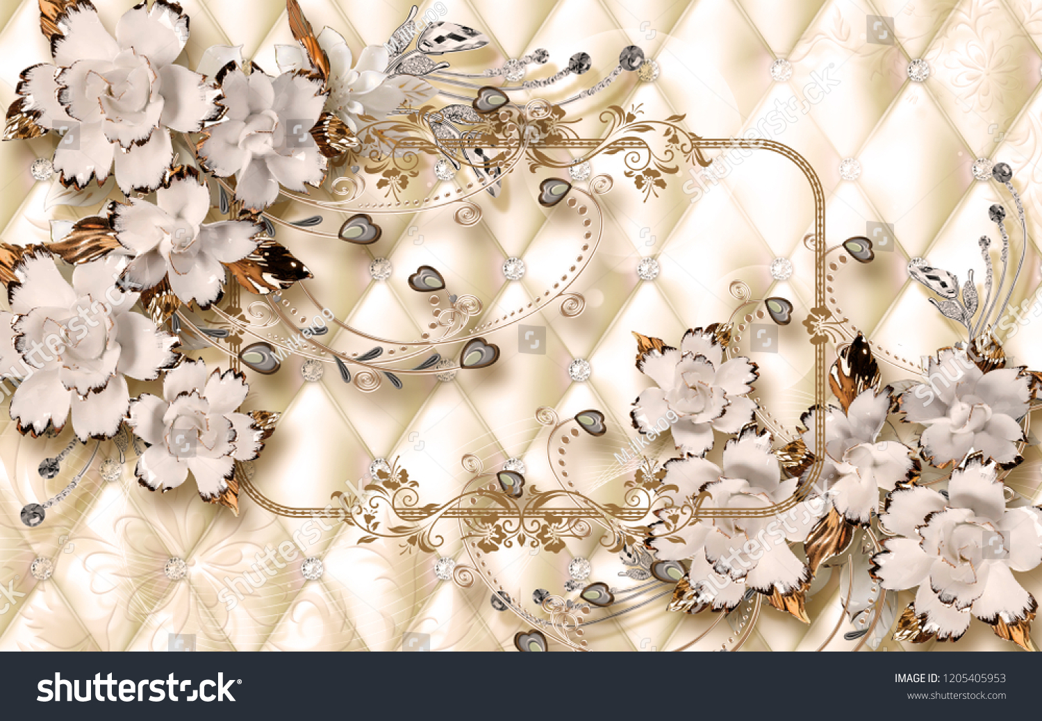 3d Wallpaper Design Ceramic Jewels Flowers Stock Illustration 1205405953