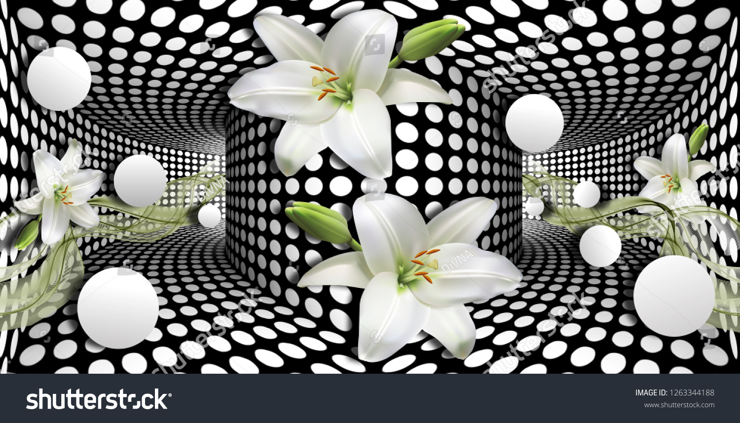3d wallpaper, white calla lilies and sphere on optical illusions background