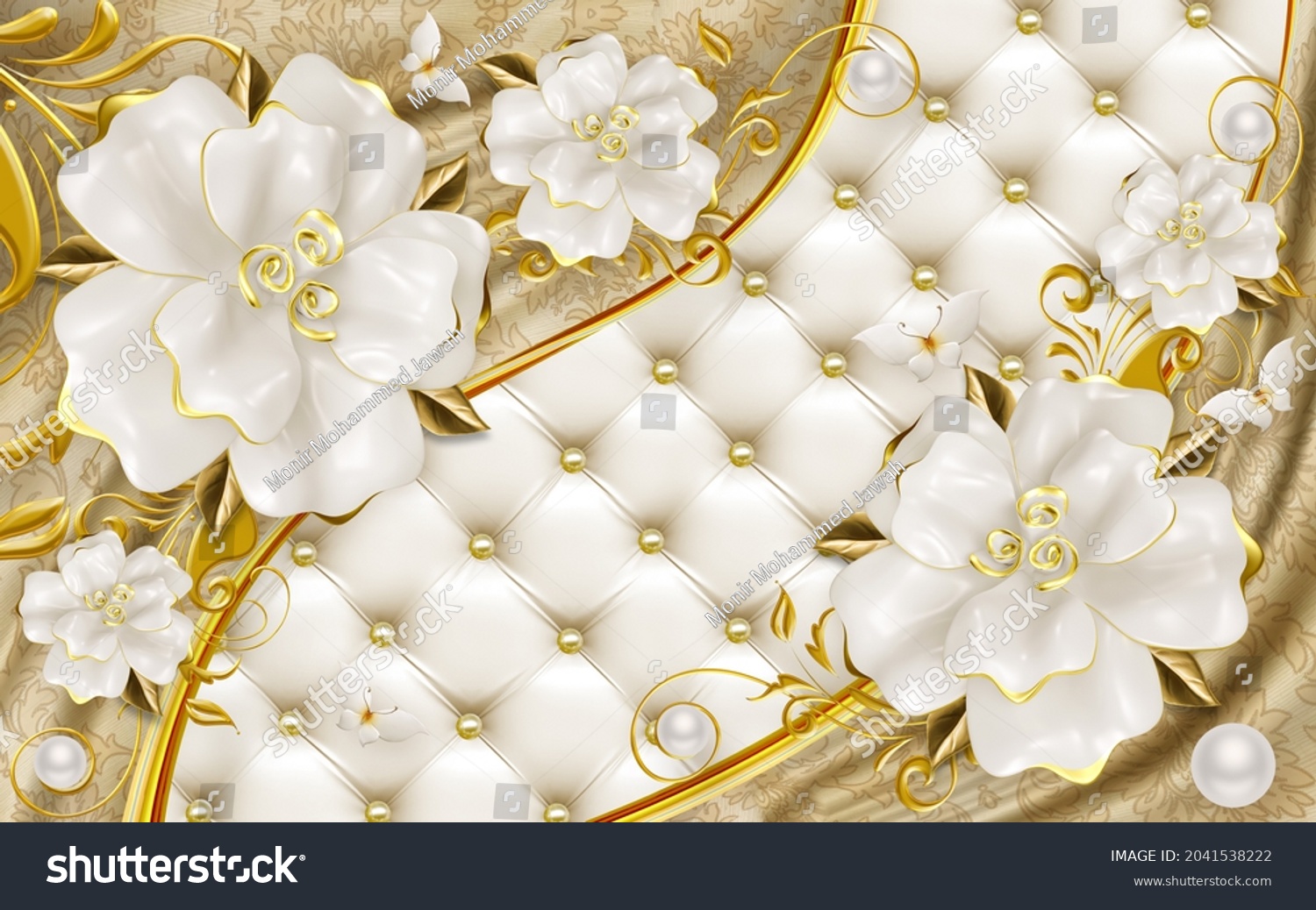 3d Wallpaper White Flowers Gold Background 库存插图 2041538222 | Shutterstock