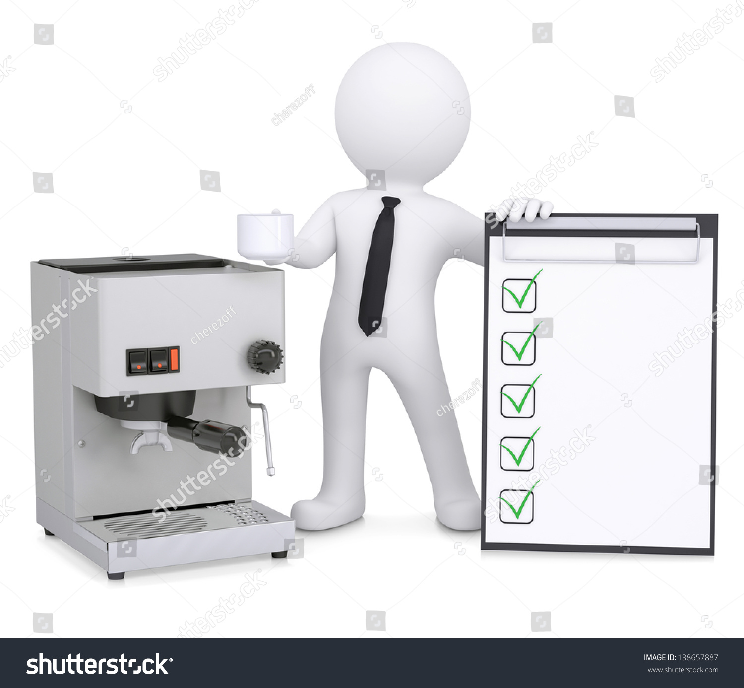 3d White Man Coffee Machine Checklist Stockillustration 138657887