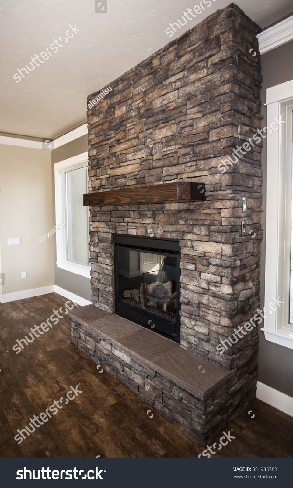 Fireplace Built Stone Wooden Mantel Stock Photo Edit Now 354938783