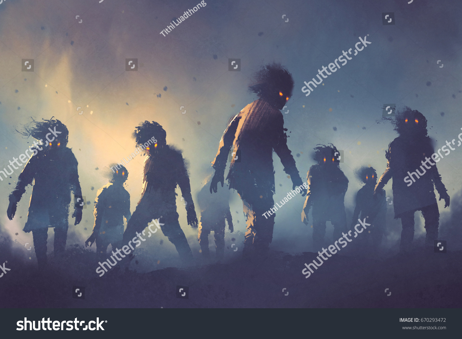 Halloween Concept Zombie Crowd Walking Night Stock Illustration