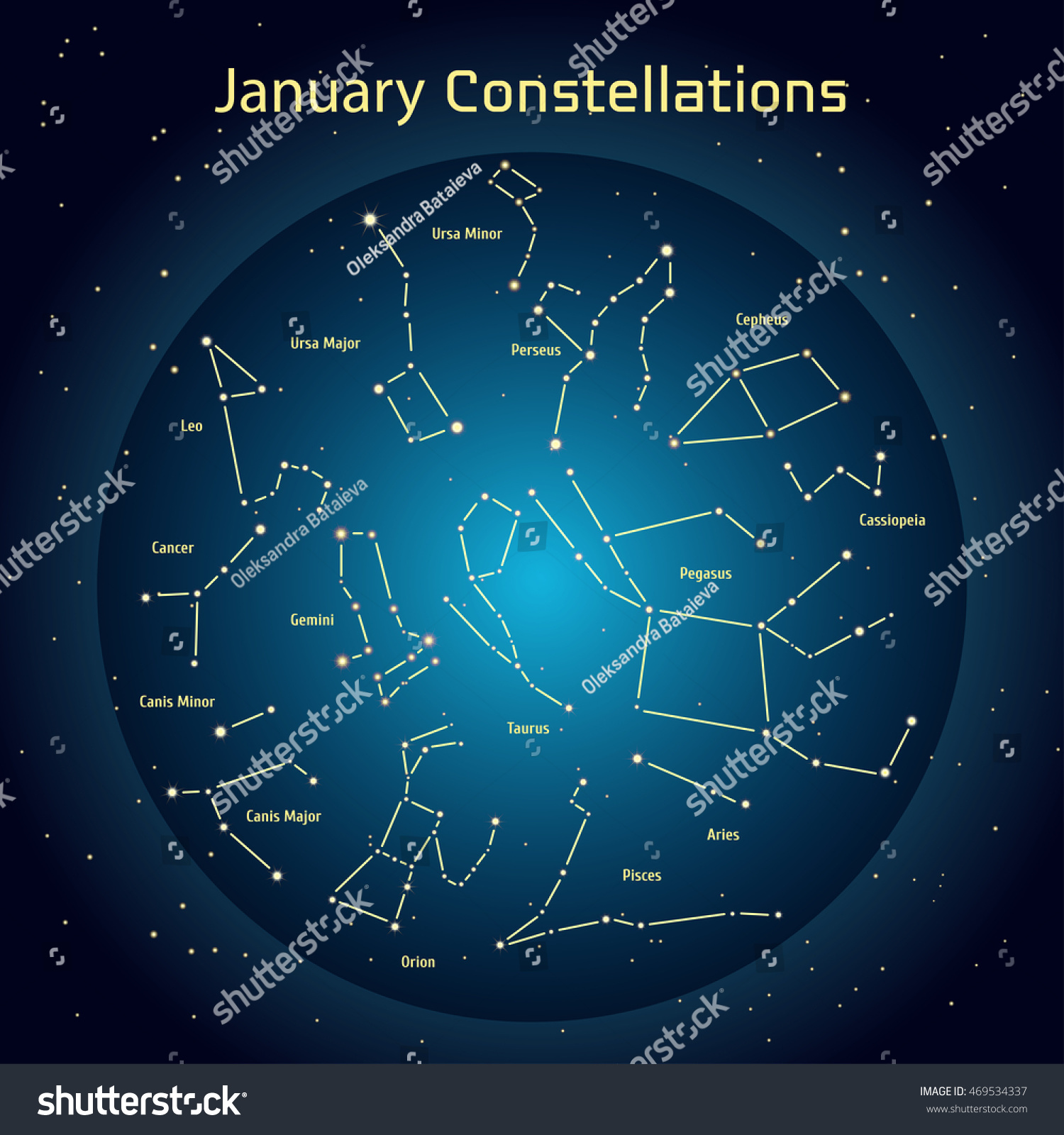 Illustration Constellations Night Sky January Glowing Stock