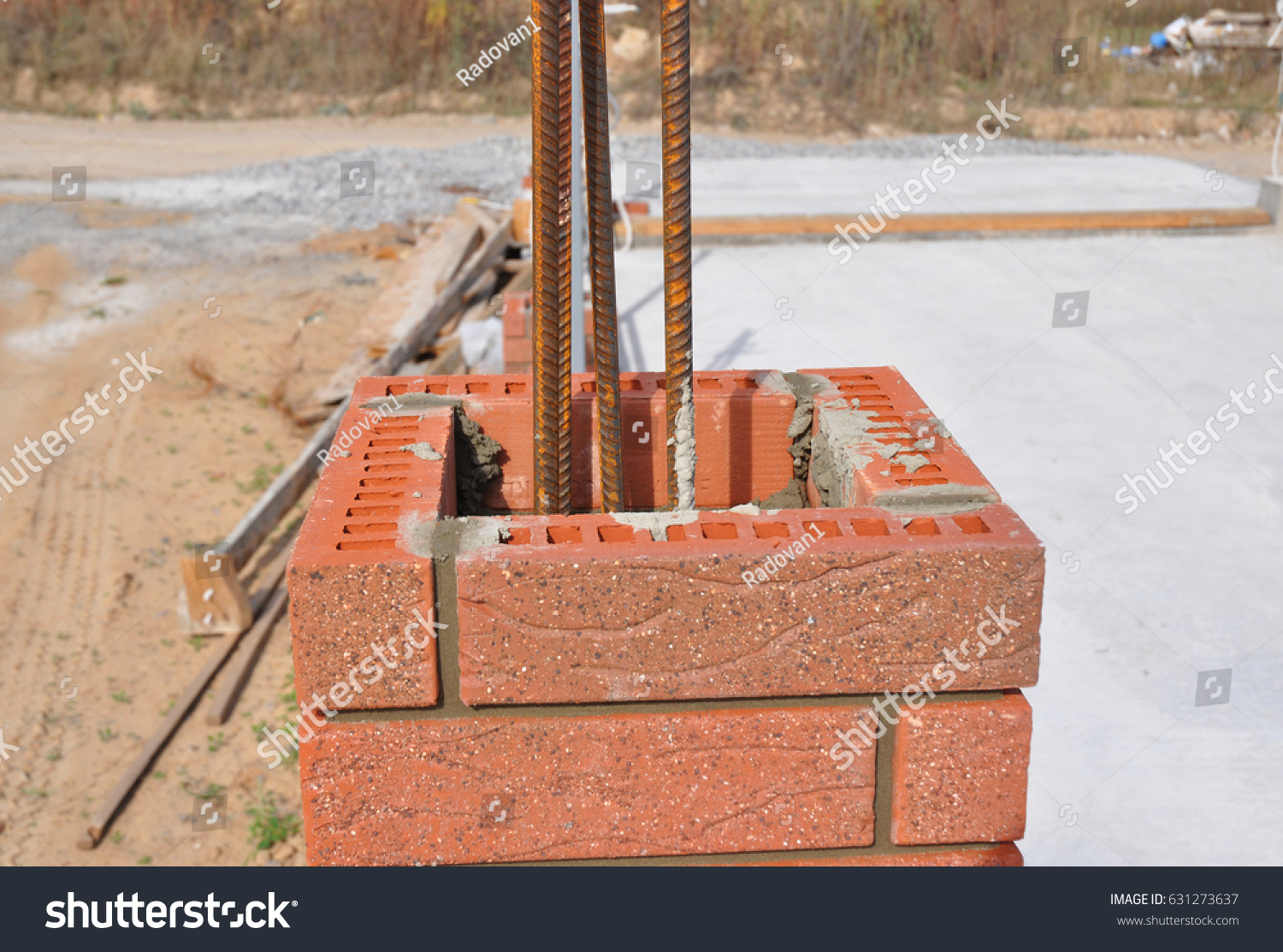 Installing Red Bricks Caulking Brick Masonry Stock Photo 631273637