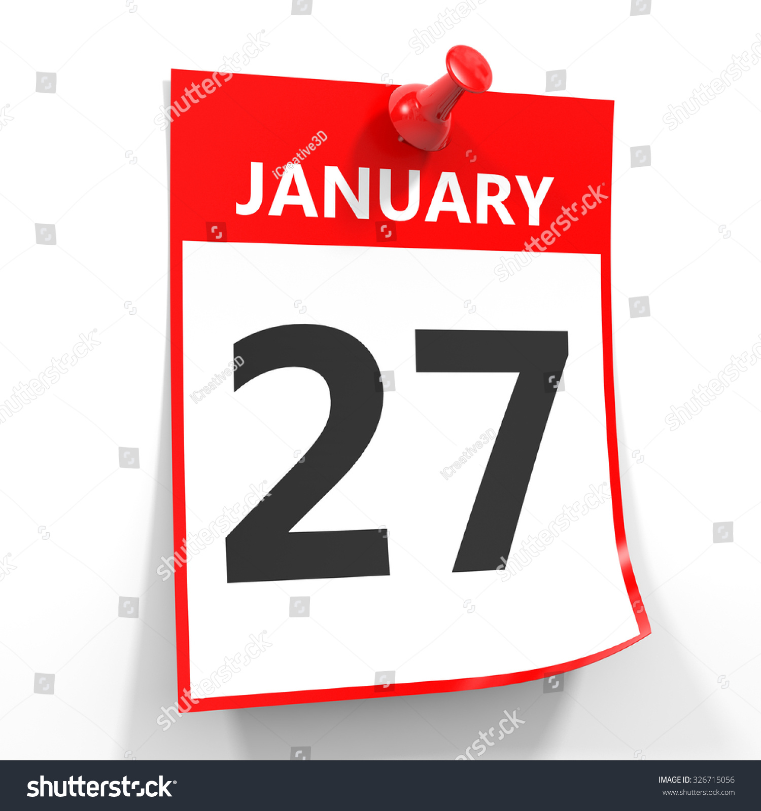 27 January Calendar Sheet With Red Pin On White Background