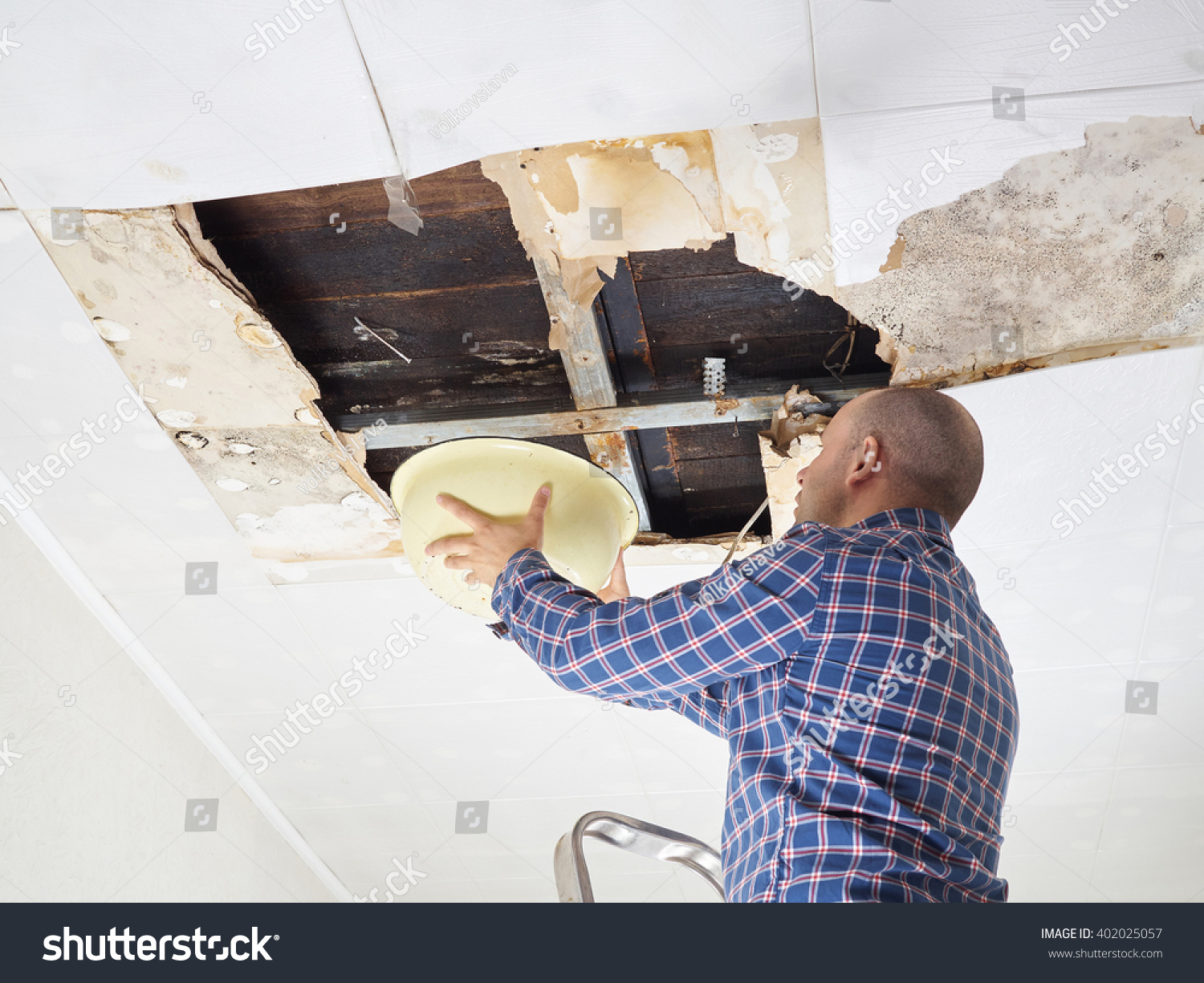 Man Collecting Water Basin Ceiling Ceiling Stock Photo Edit Now
