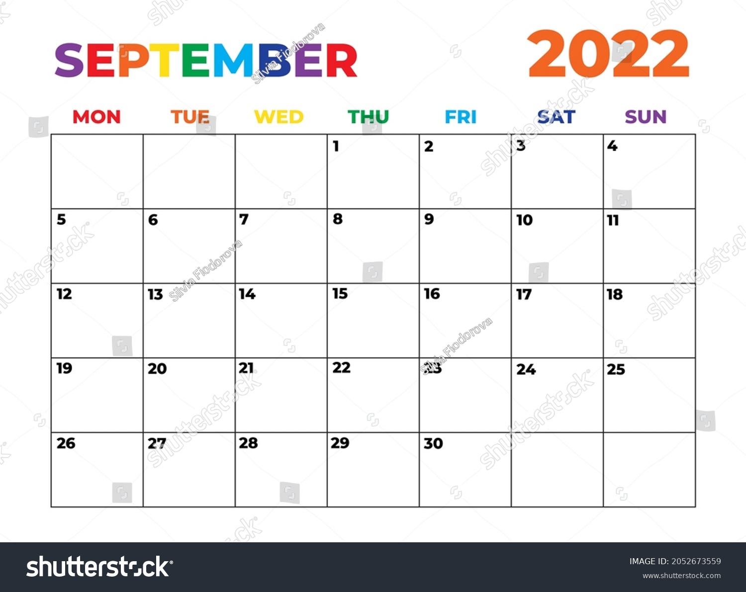 2022 Minimalist Rainbow Calendar Monday Start Stock Illustration