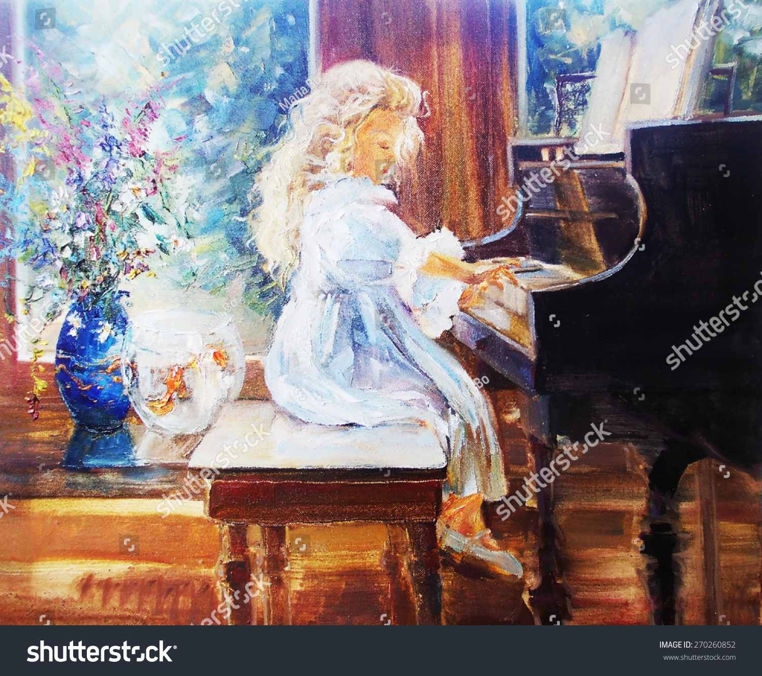 ピアノを弾く油絵のかわいい女の子 のイラスト素材