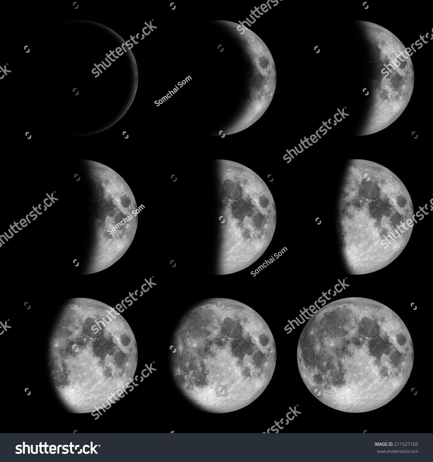 9 Phases Of The Moon, Lunar On Dark Night Sky, Black Space, Black ...