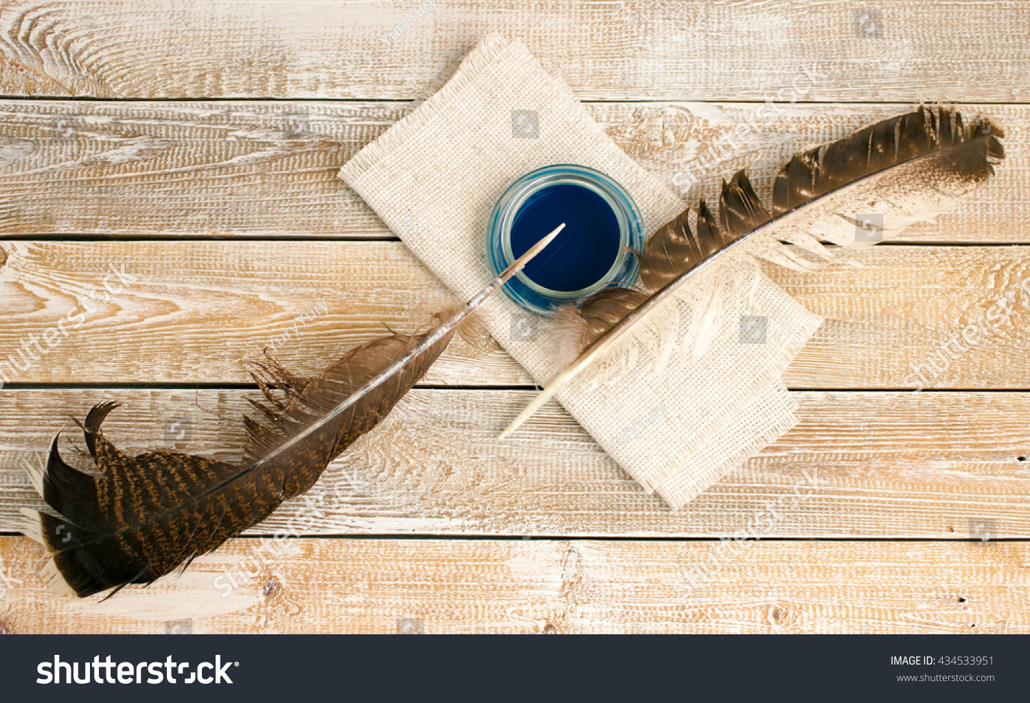 Quill Pens And Ink On Wooden Table. Stock Photo 434533951 : Shutterstock