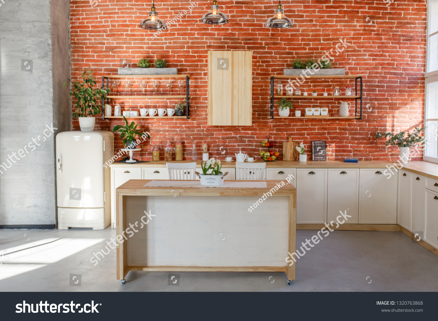 Retro Kitchen Cottage Red Brick Wall Stock Photo Edit Now 1320763868