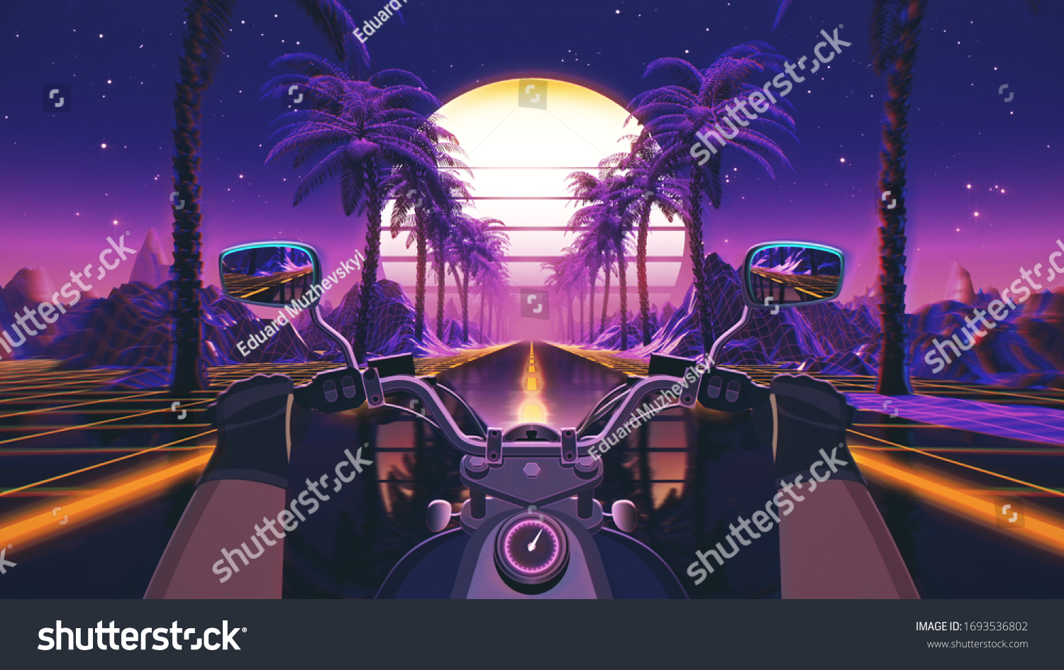 Ilustrasi Stok 80s Retro Futuristic Scifi Background Motorcycle