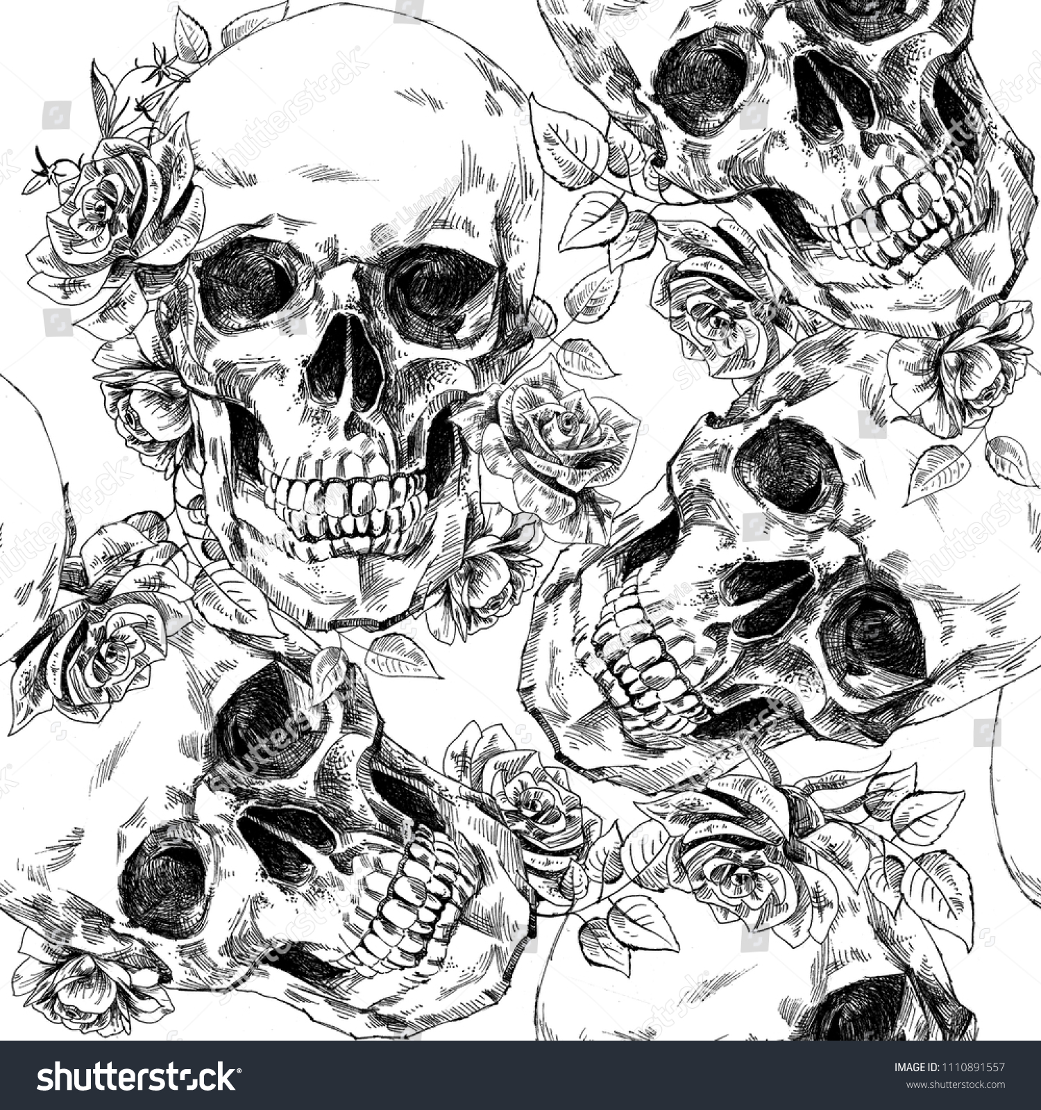 Seamless Texture Skulls Flowers Black White Stock Illustration 