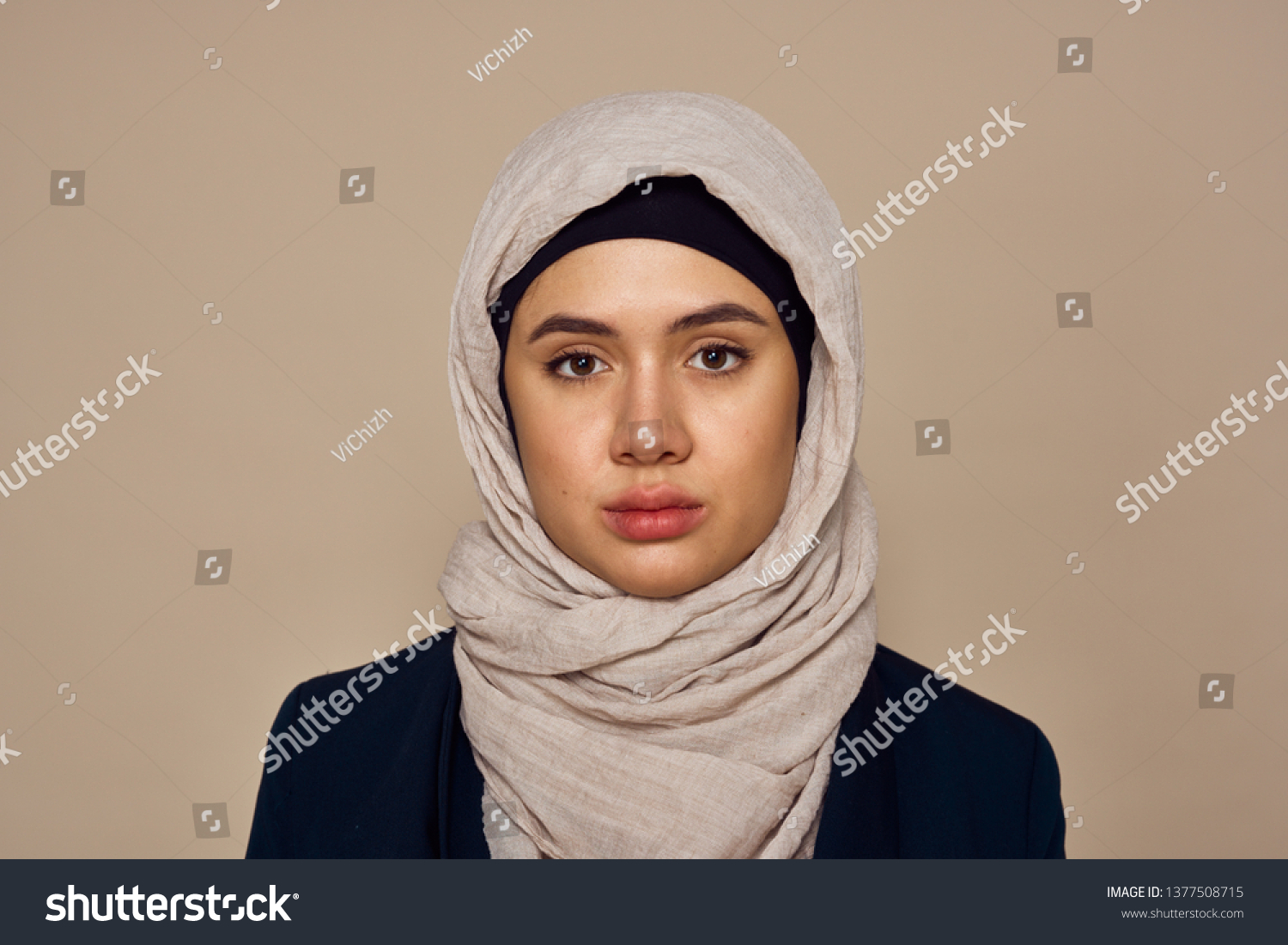 Serious Arab Woman Burqa On Beige Stock Photo 1377508715 