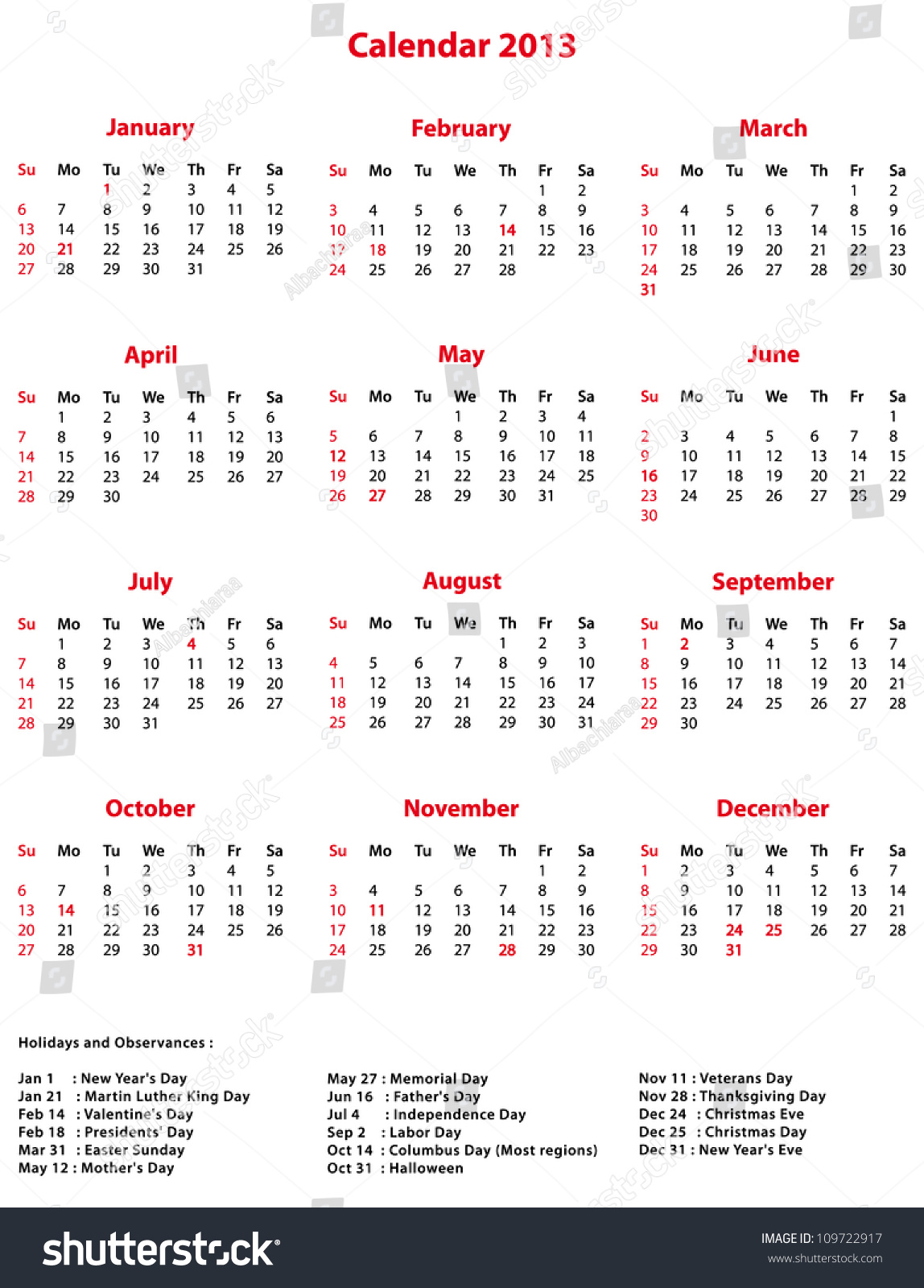 Simple 2013 Office Calendar Holidays Observances Stock Illustration ...