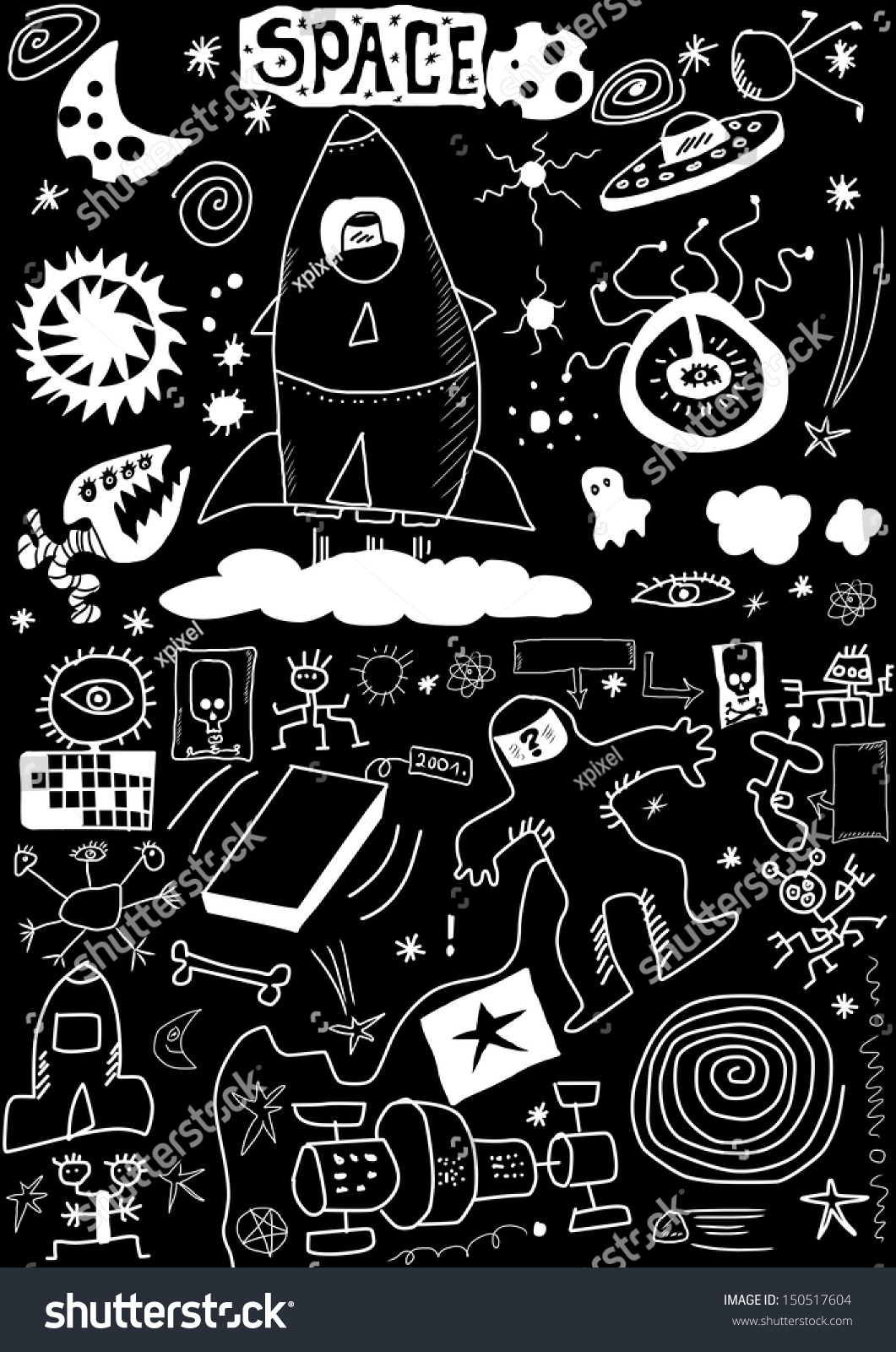 Space Doodle Isolated On Black Background Stock Illustration