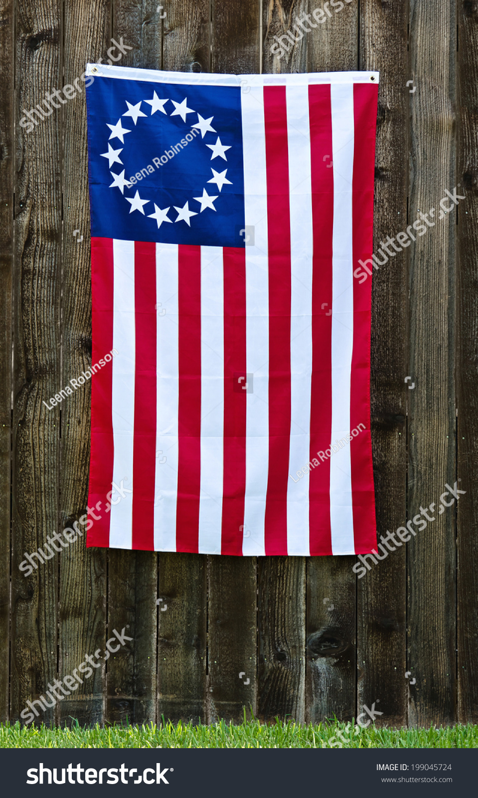 13 Star American Flag, The Betsy Ross Flag, Displayed On Rustic Wooden ...