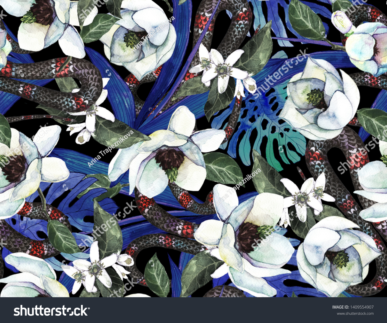 Download Tropical Pattern Beautiful Flowers Magnolia Snake Stock Illustration 1409554907