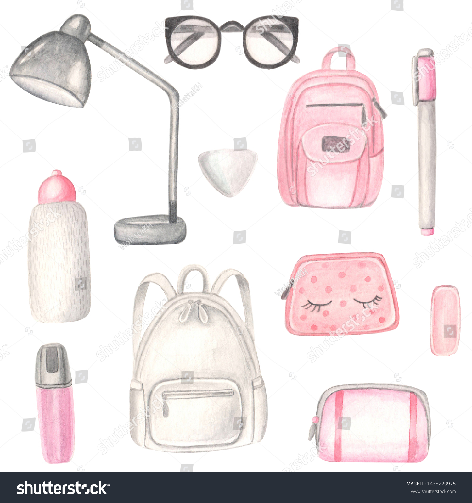 Watercolor Illustration Back School School Supplies Stock Illustration