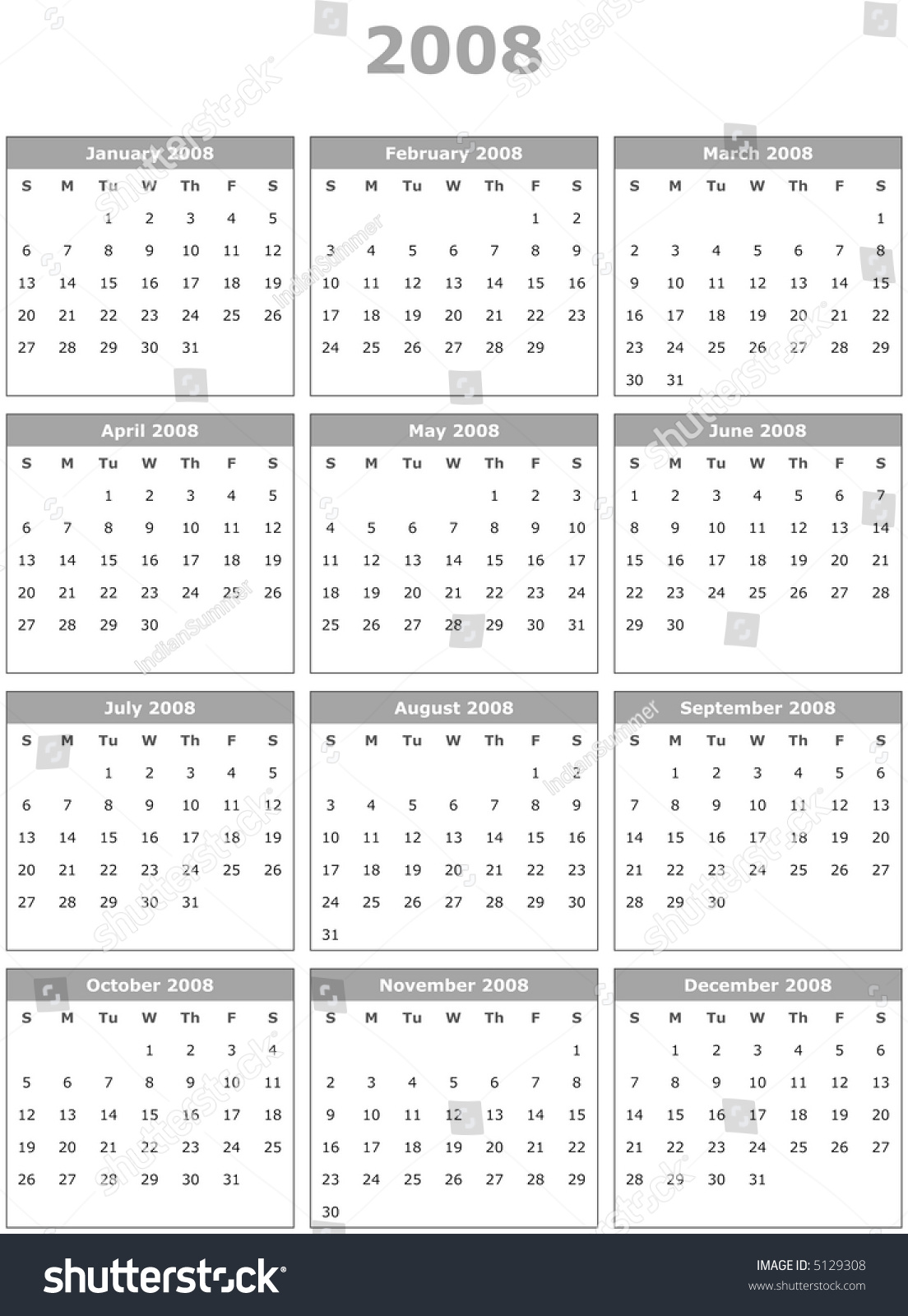 2008 Year Calendar Simple Black White Stock Illustration 5129308 ...