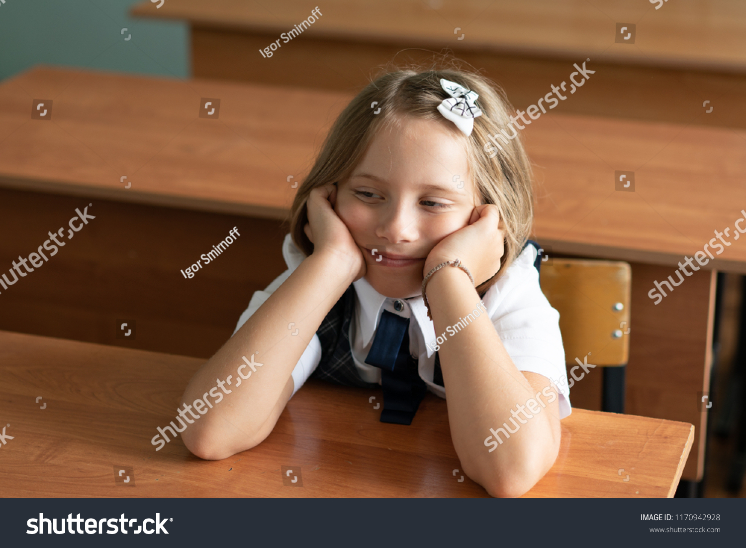 7 Year Old Girl Sits School Stock Photo Edit Now 1170942928