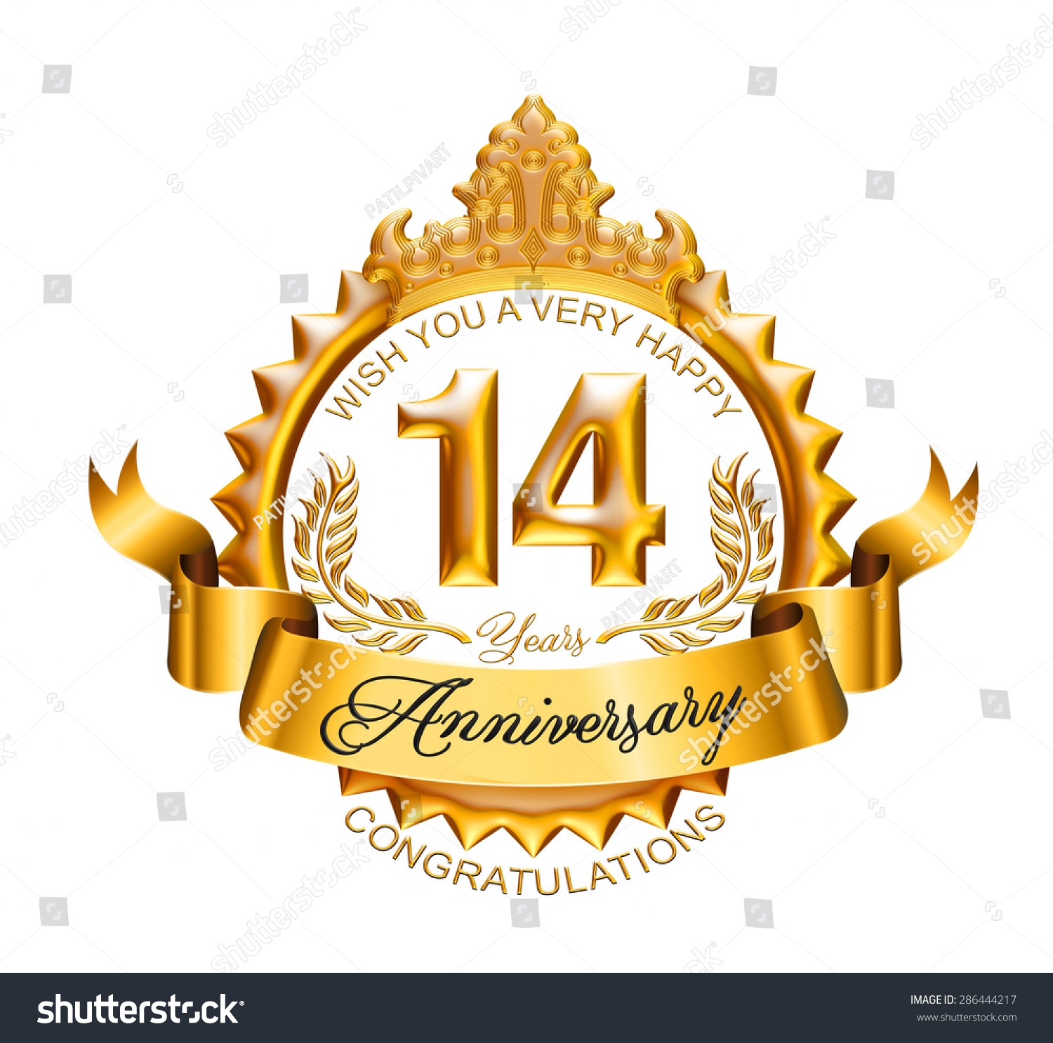 14 Years Anniversary Golden Laurel Wreath Stock Illustration 286444217