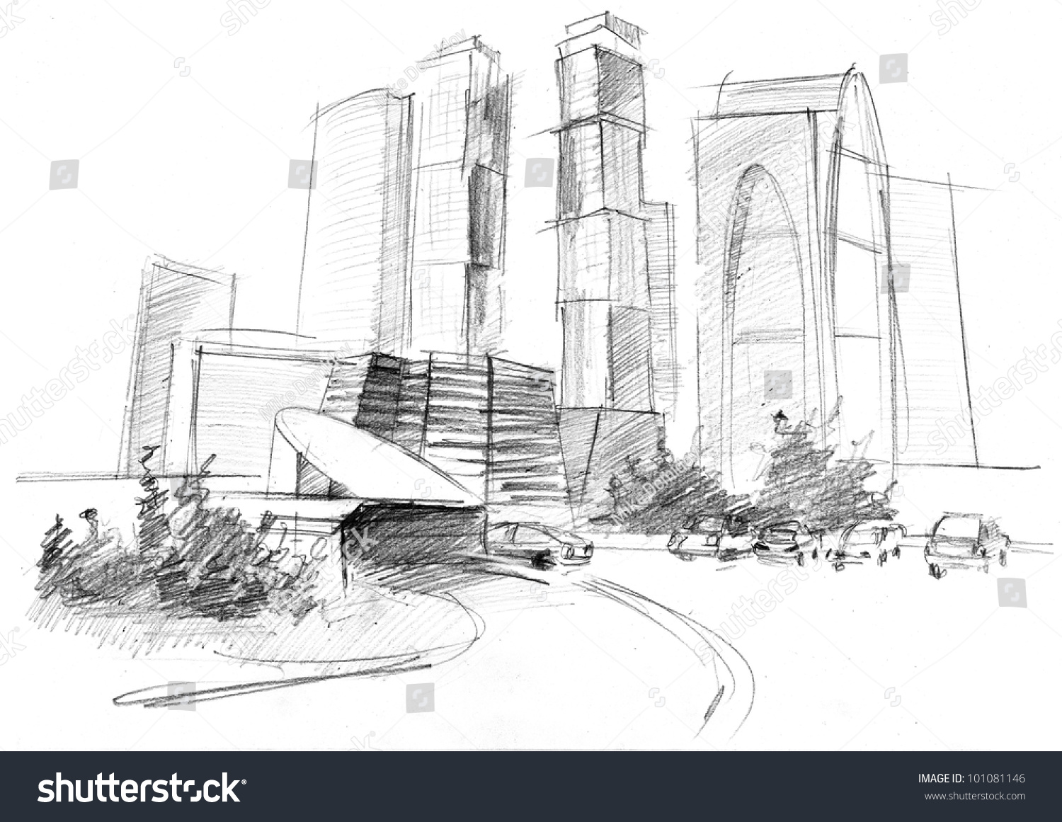 大现代城市摩天大楼的铅笔绘图-建筑物\/地标,商