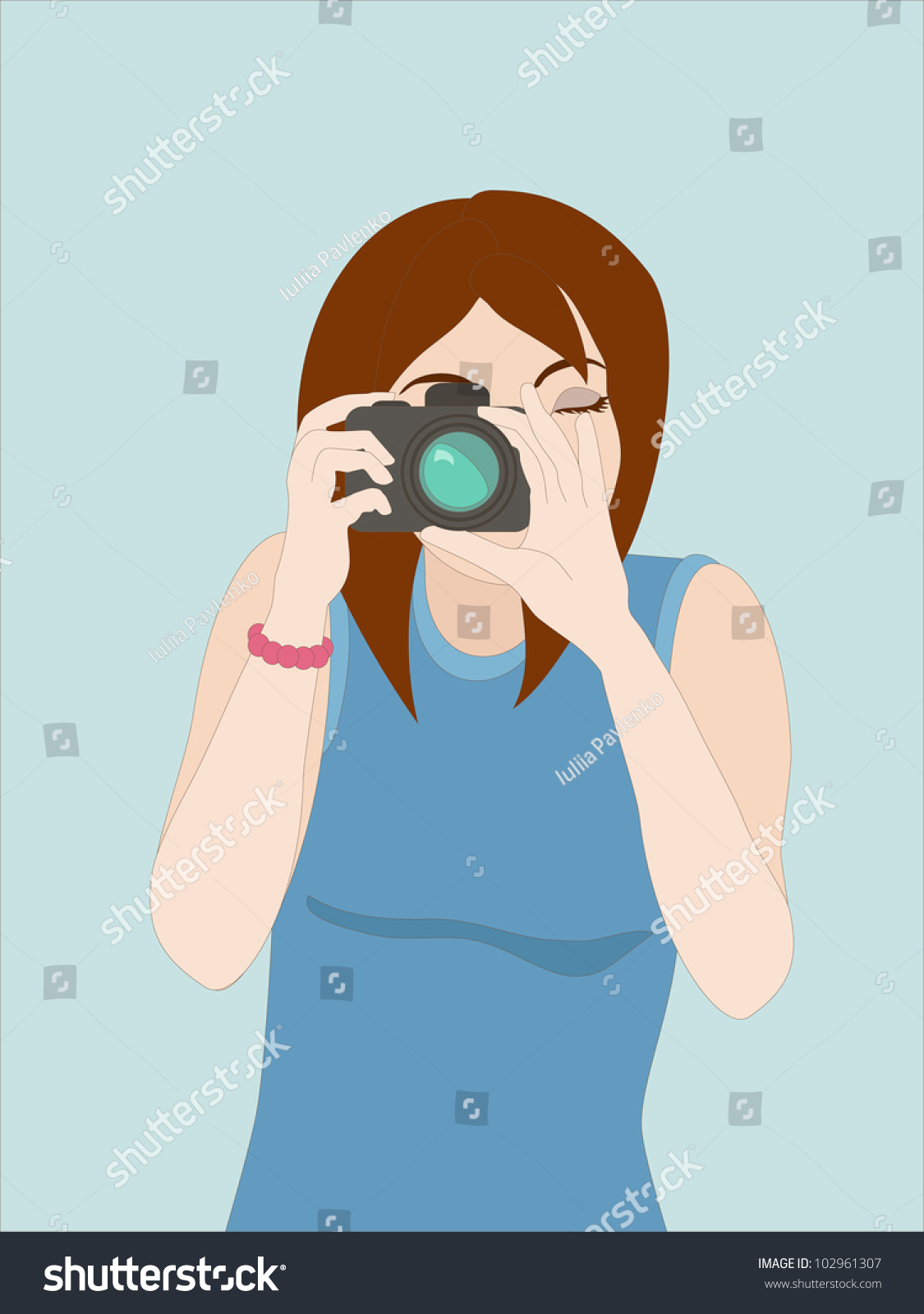 矢量图的女孩摄影师点击相机按钮。对象分组和