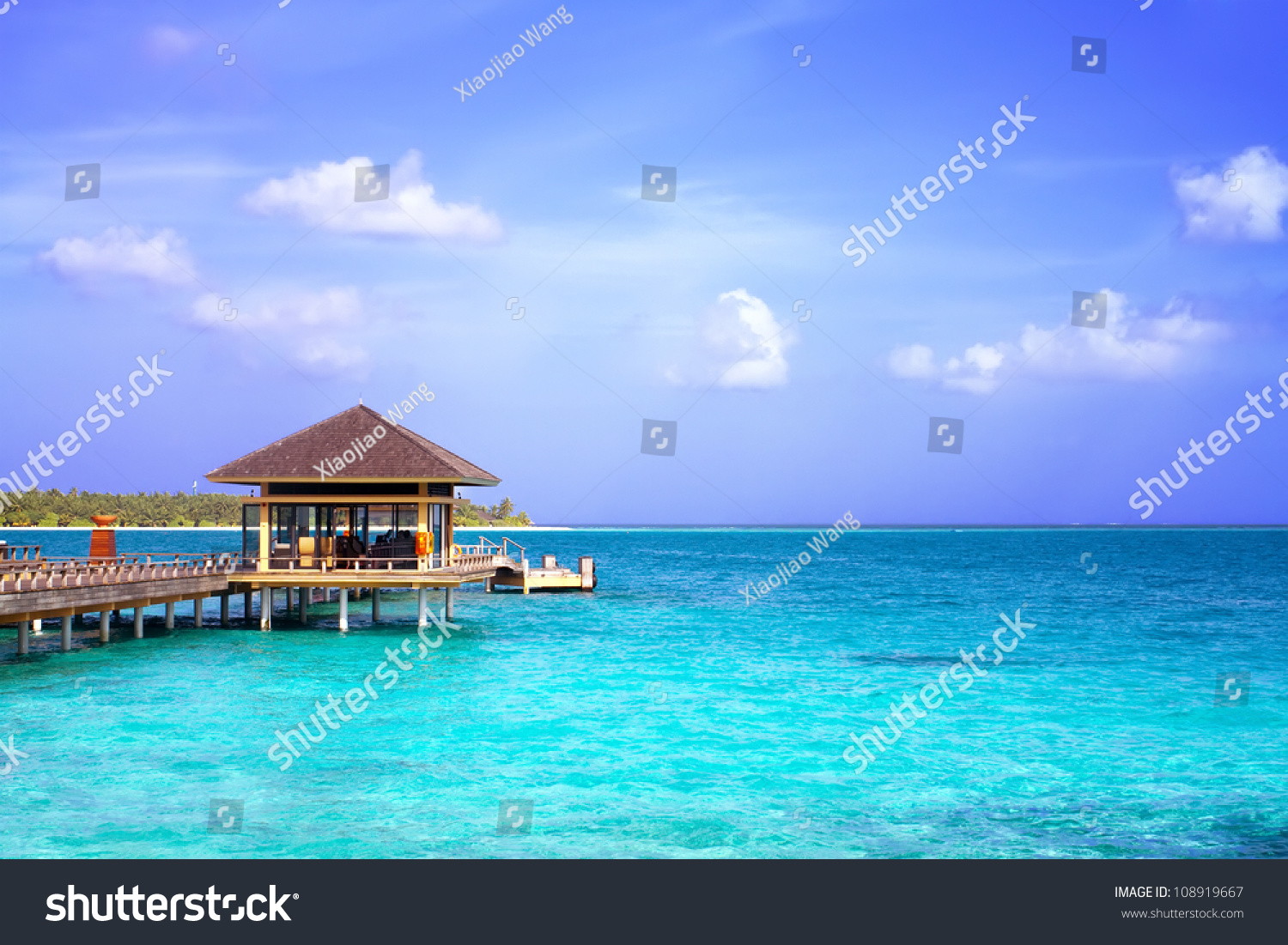 水景观的照片岛海洋,在别墅的游泳池。马尔代