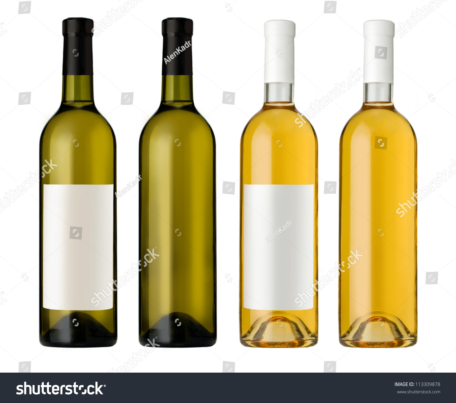 白葡萄酒酒瓶在清楚玻璃瓶与空白标签和白色背