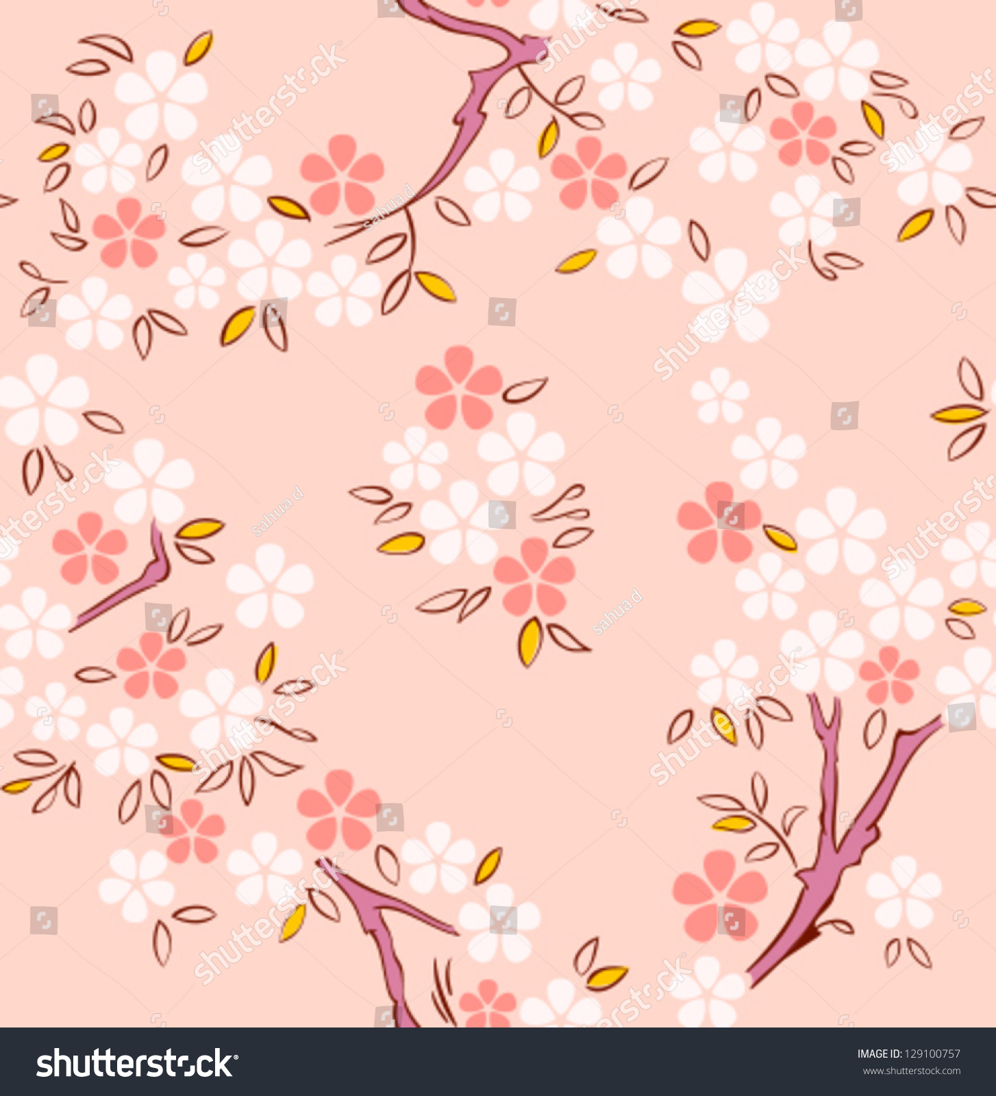 盛开的樱花或樱桃树日本无缝模式-背景\/素材,自