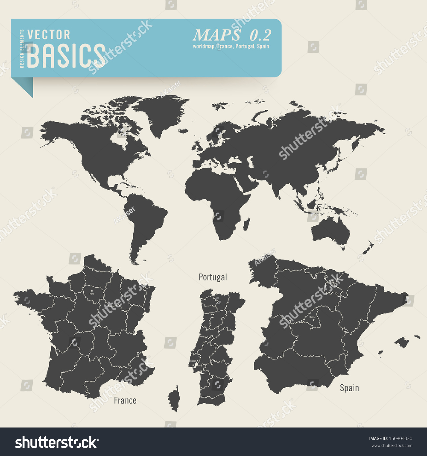 矢量基础:worldmap和法国的详细地图,葡萄牙和