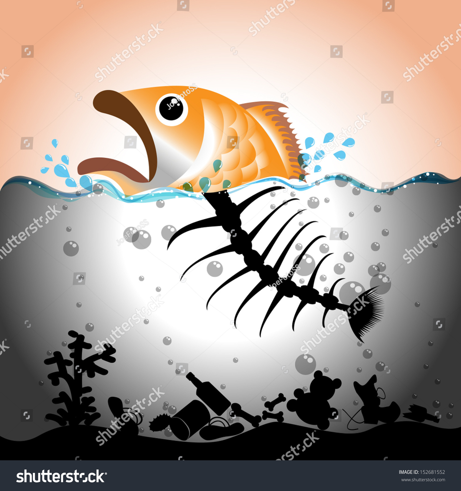 插图在受污染的水中的鱼和鱼骨头,水污染的概