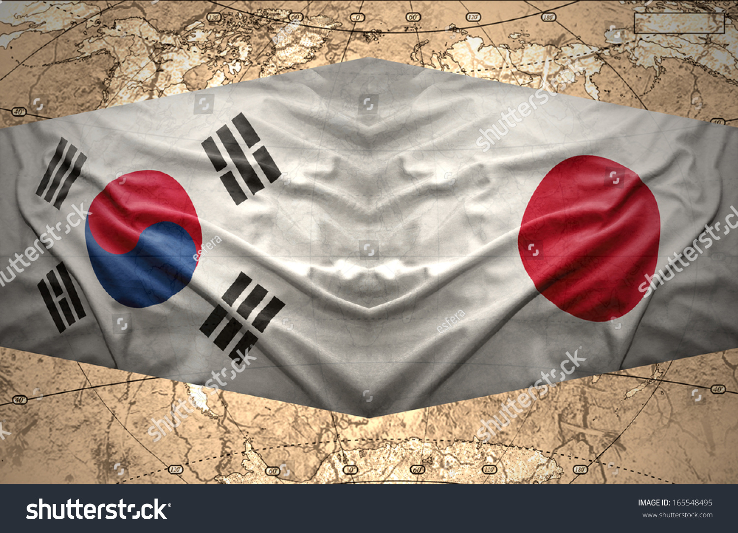 挥舞着日本和韩国国旗的背景政治的世界地图-