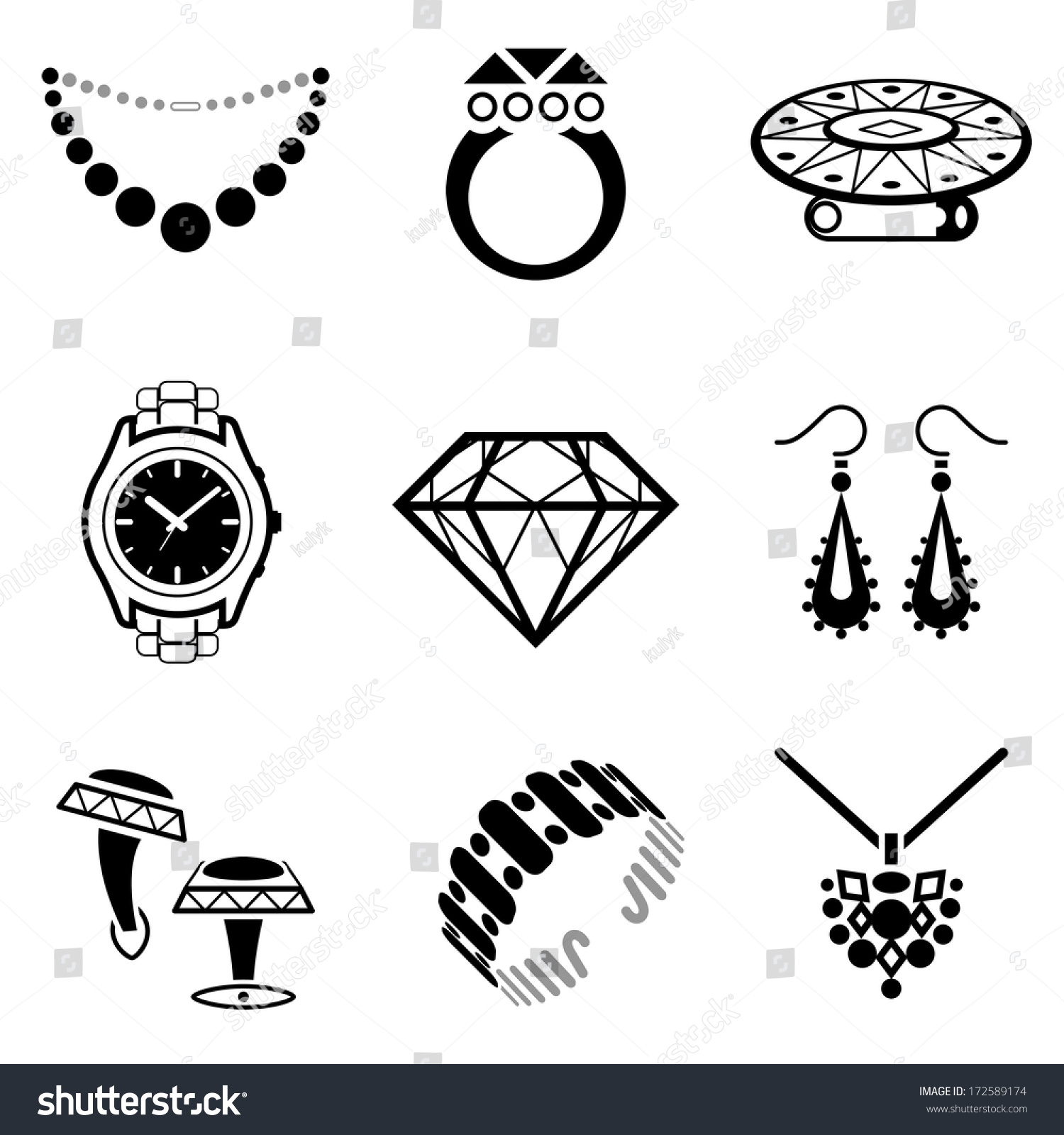 珠宝的图标集。对奢侈品行业的黑白图标。定性