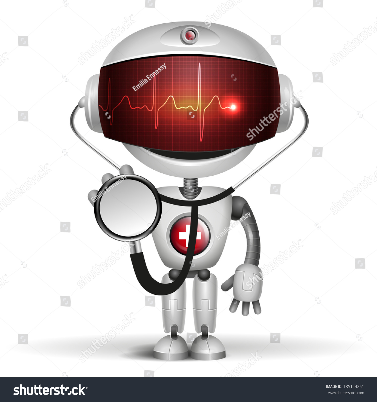 机器人医生用听诊器。屏幕显示心电图指标。矢