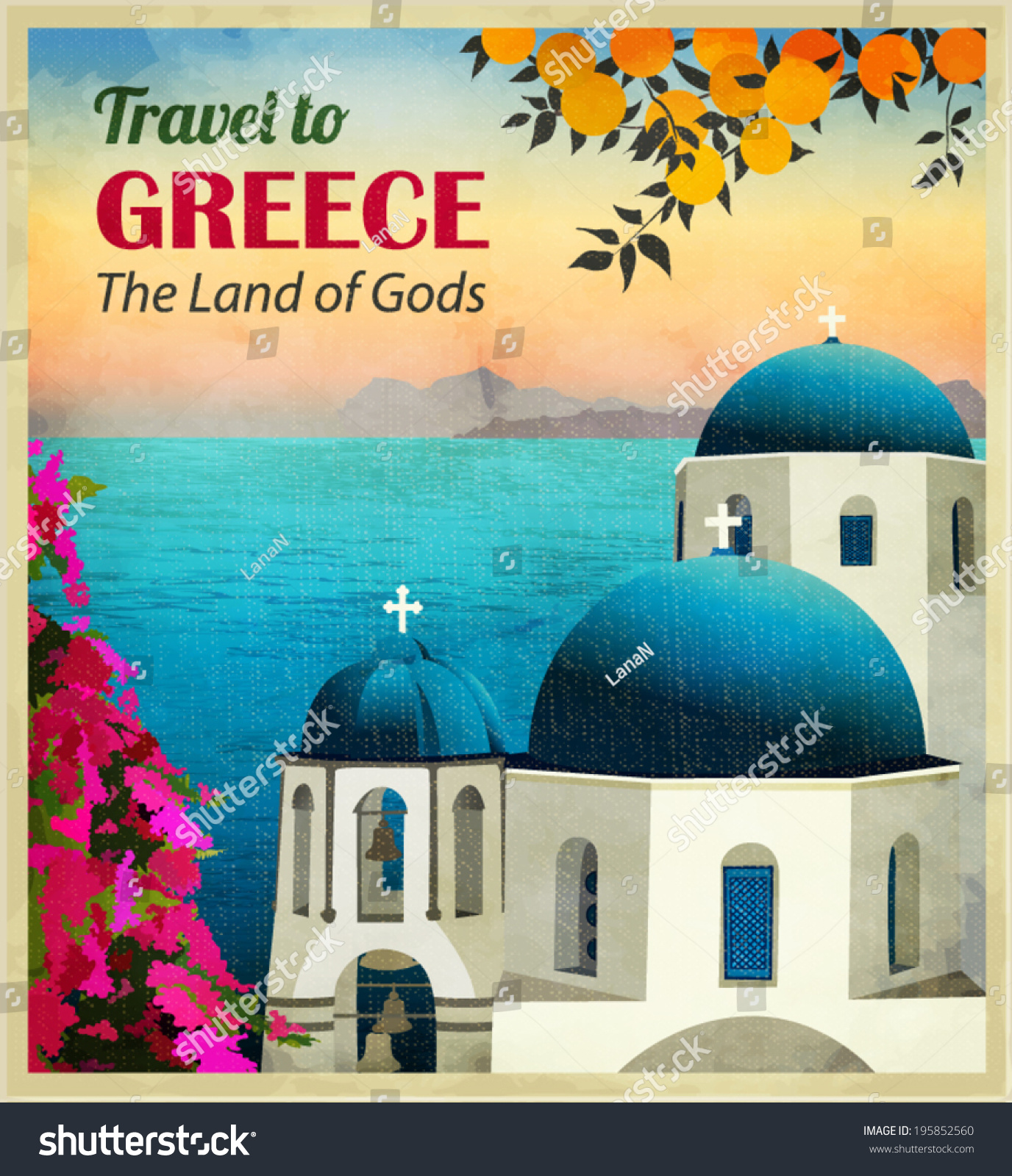 希腊海边来看,白色与蓝色圆顶教堂前面,橘子和