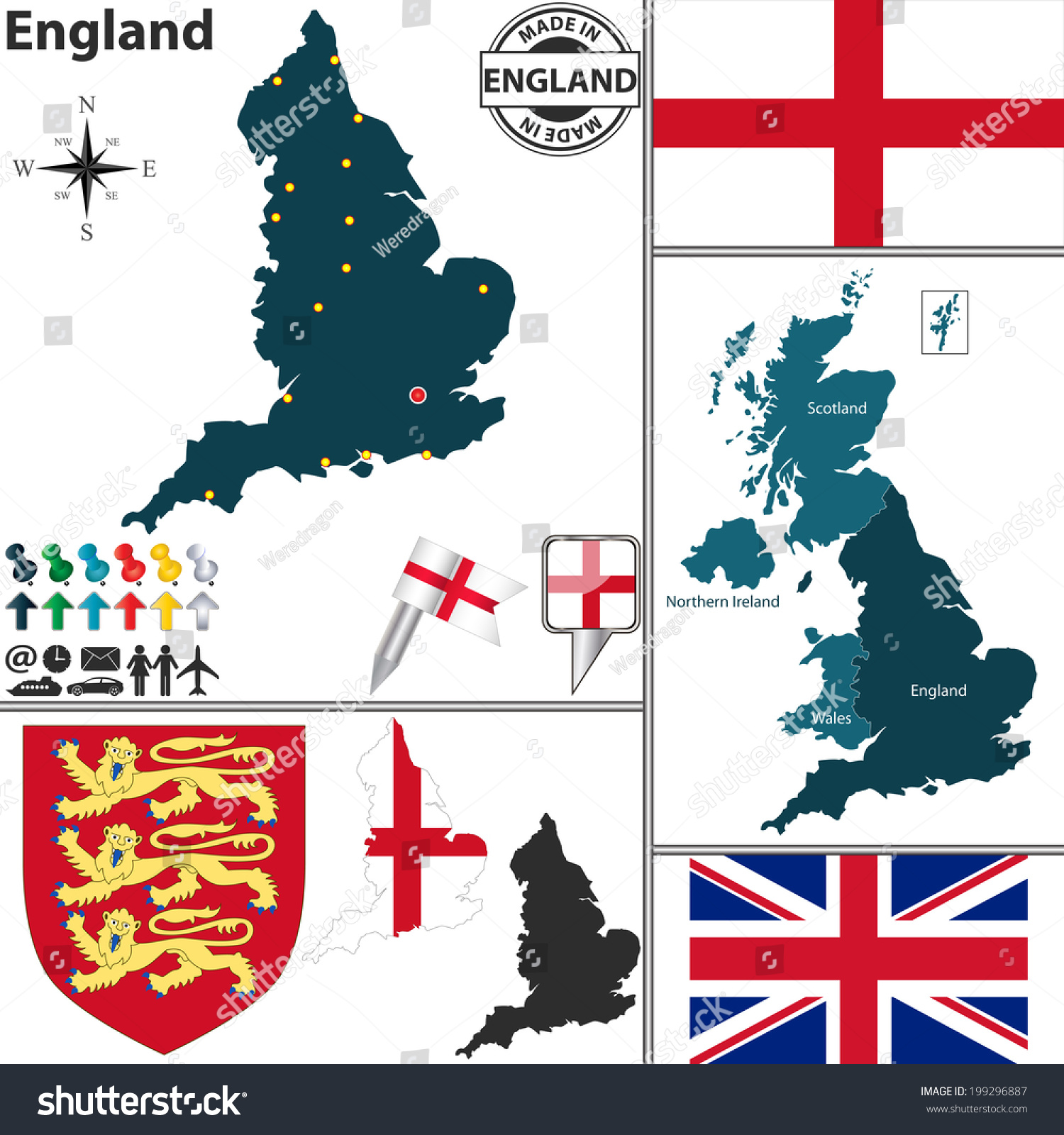 英格兰矢量地图的纹章和英国地图上的位置-商