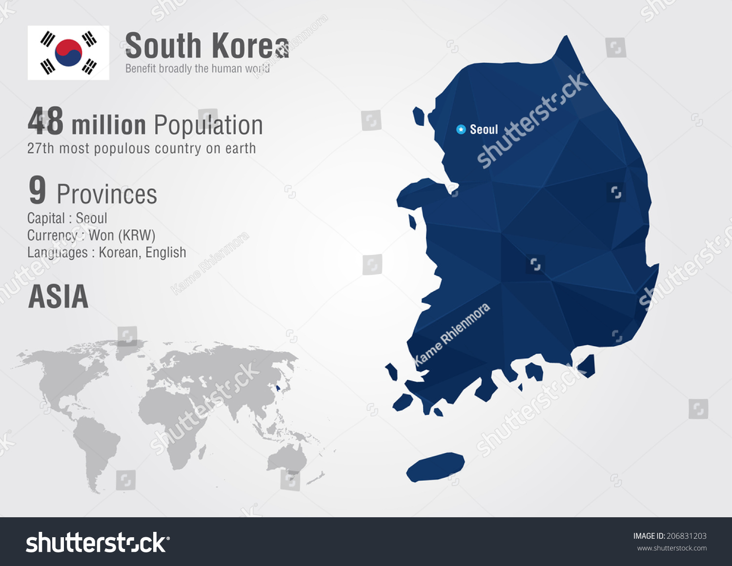 韩国世界地图和一个像素钻石纹理。世界地理。