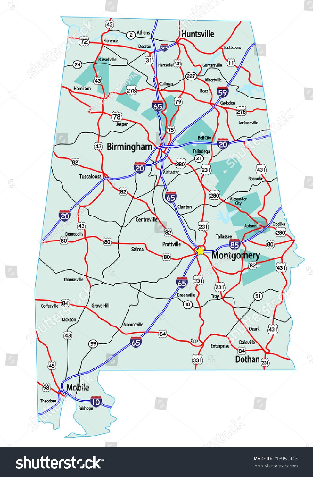 美国阿拉巴马州与州际公路路线图和高速公路。